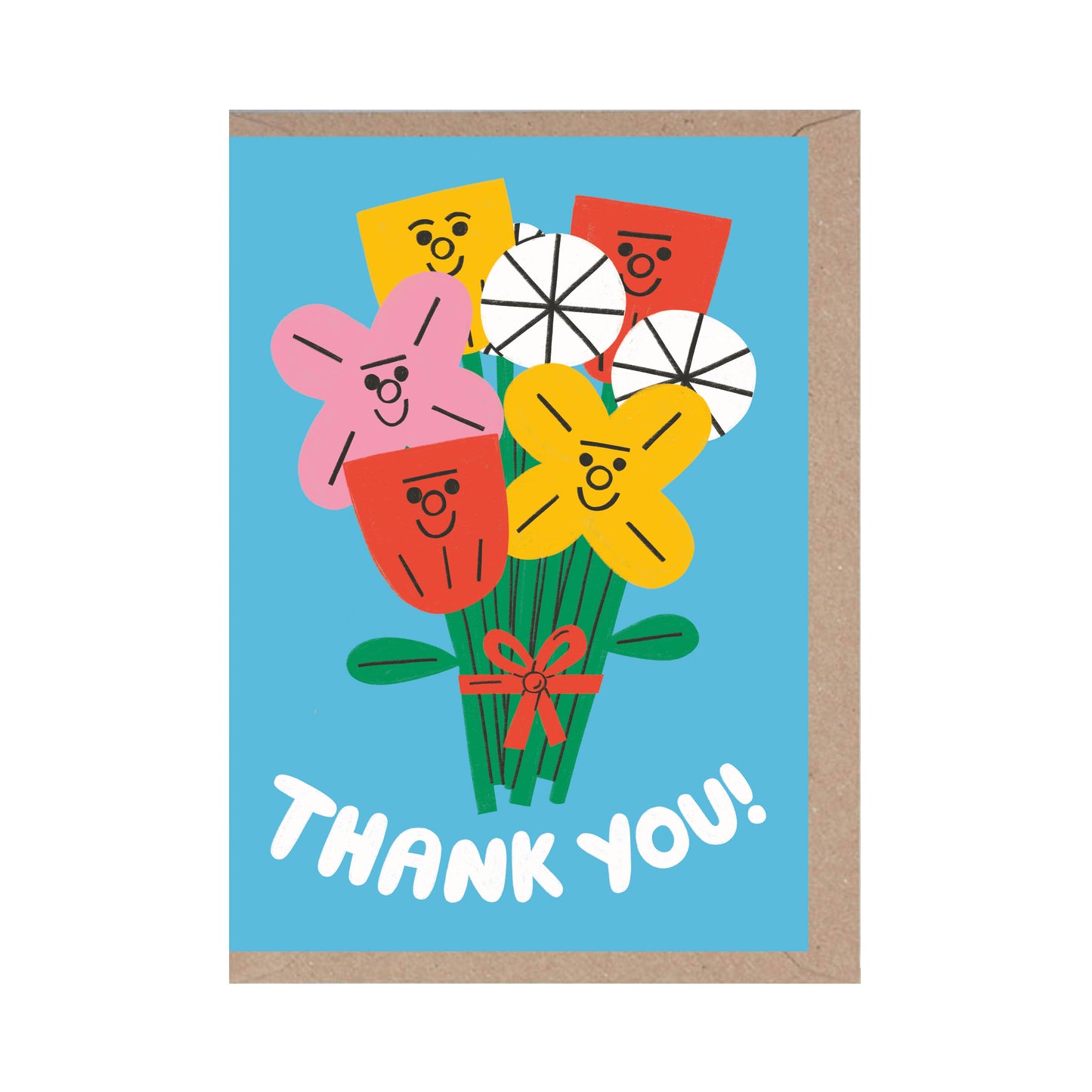 Greeting card with colorful flowers and 'THANK YOU!' text on a blue background