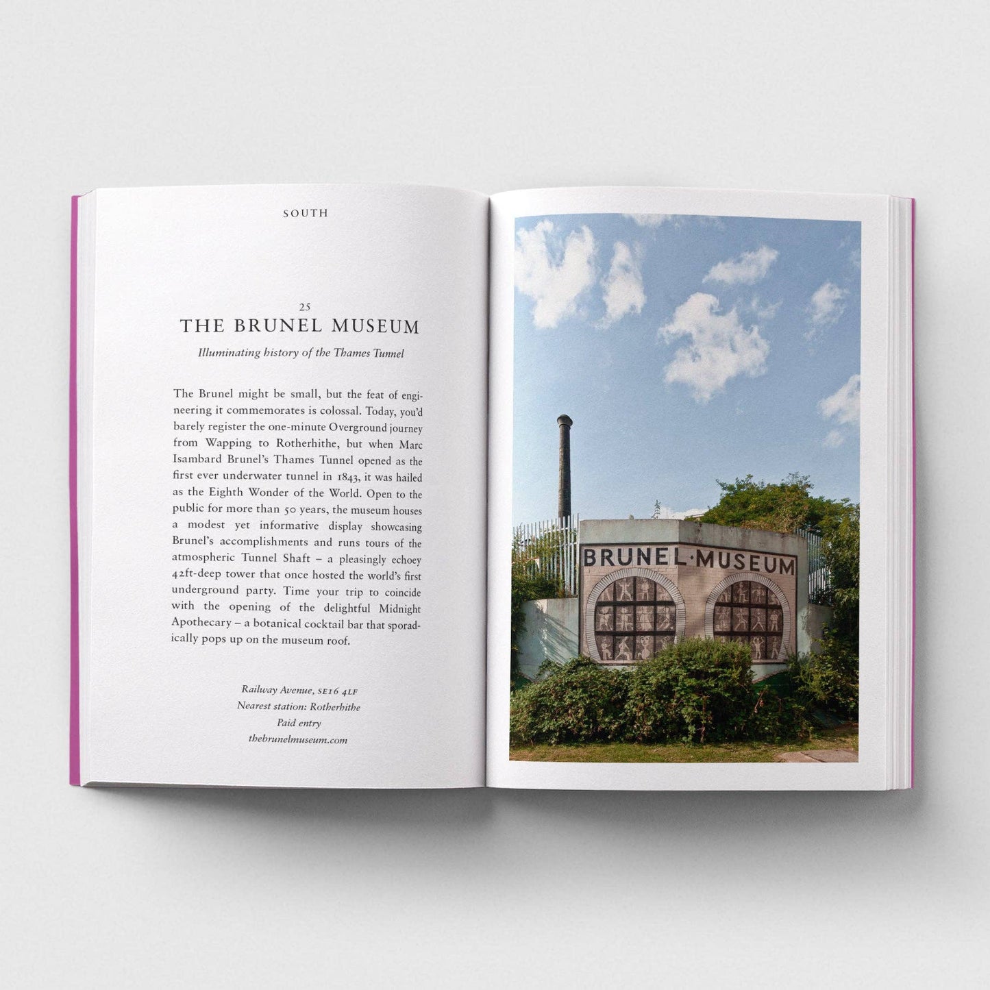Open book showing text and a photograph of the Brunel Museum.