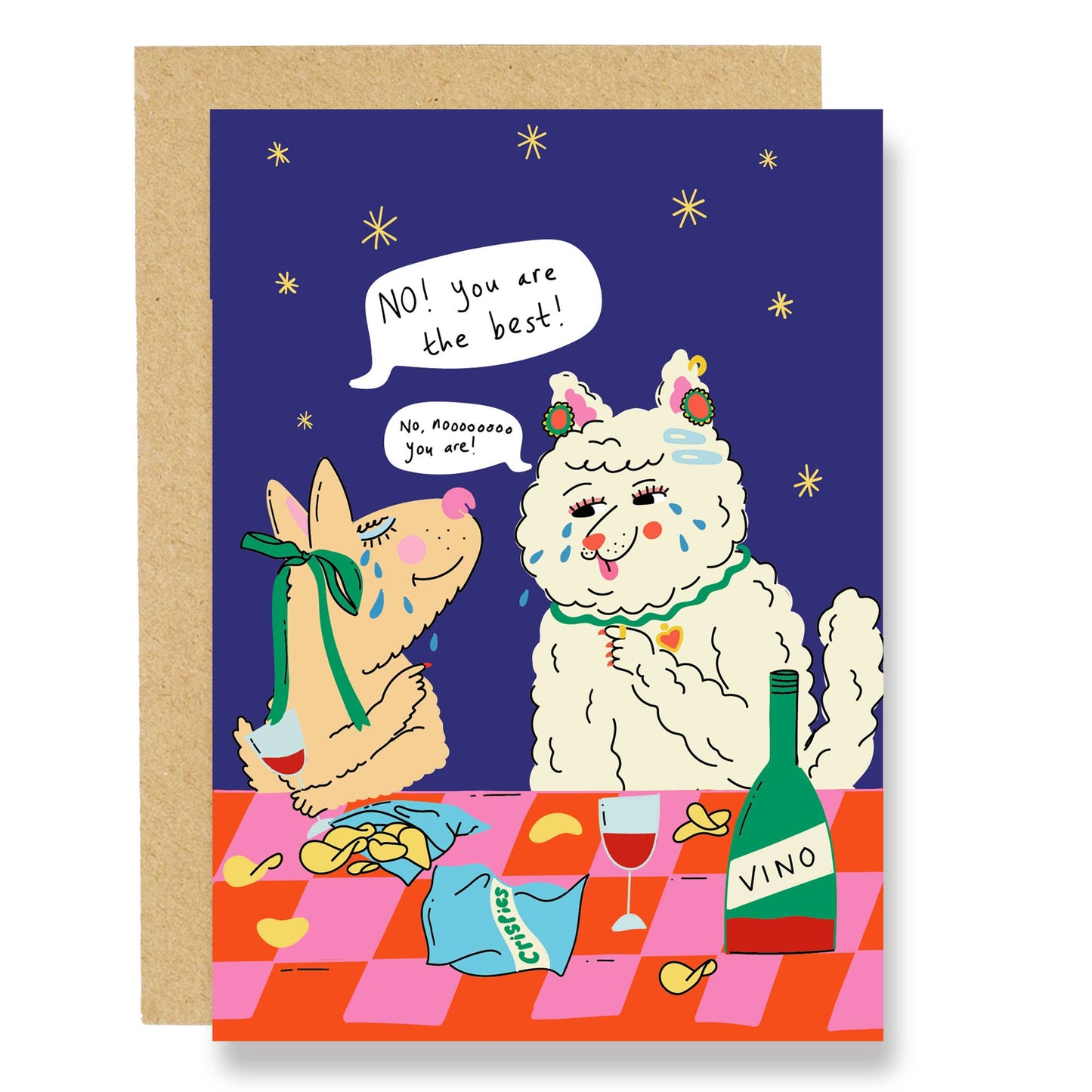 A colorful greeting card with an illustration of two cartoon dogs having a drink and snacks, with text that reads 'NO! You are the best!' and 'no you are.' The card is designed with a night sky background, stars, and a 'VINO' wine bottle.