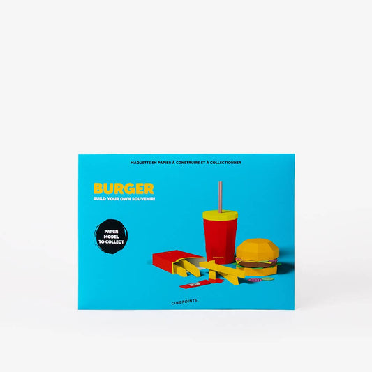 Book cover of 'Burger' with a blue background, burger illustration, and drink.