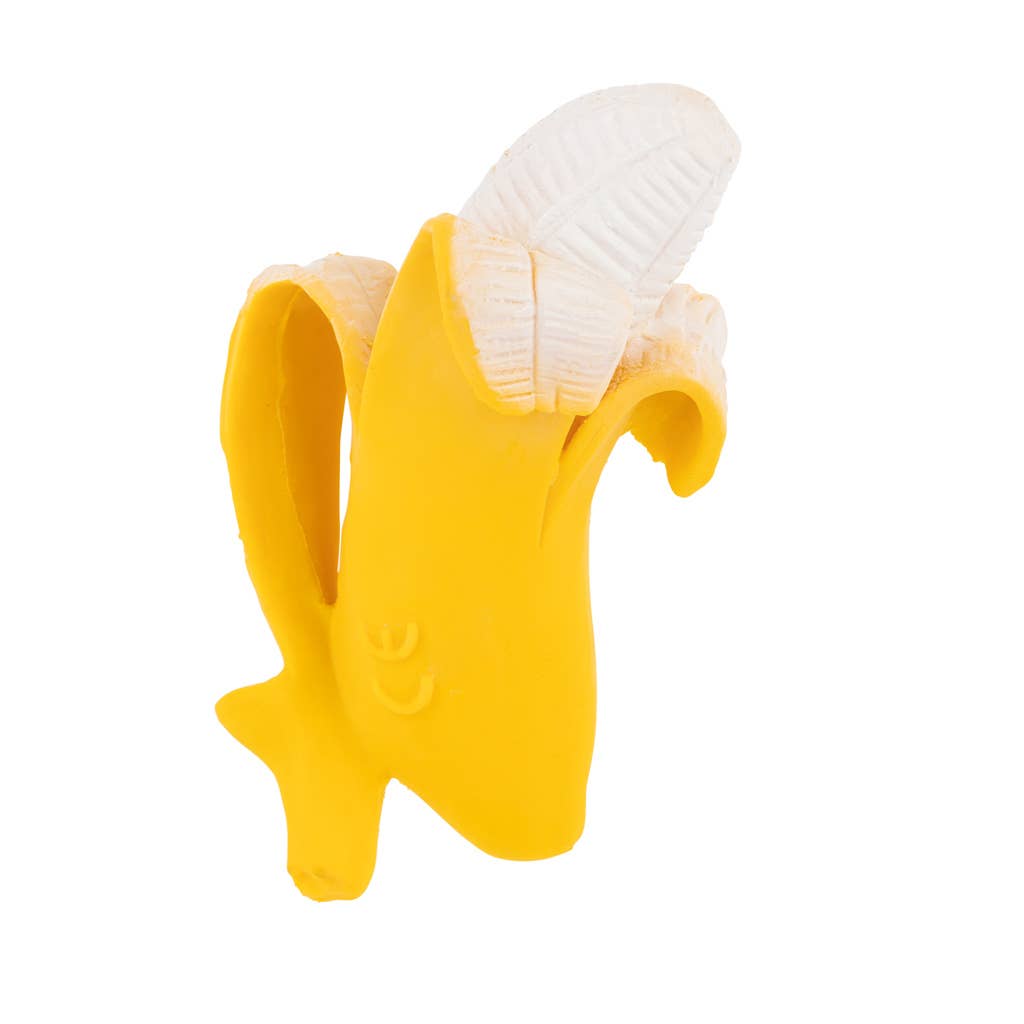 Yellow banana-shaped teether with a white cap on a white background