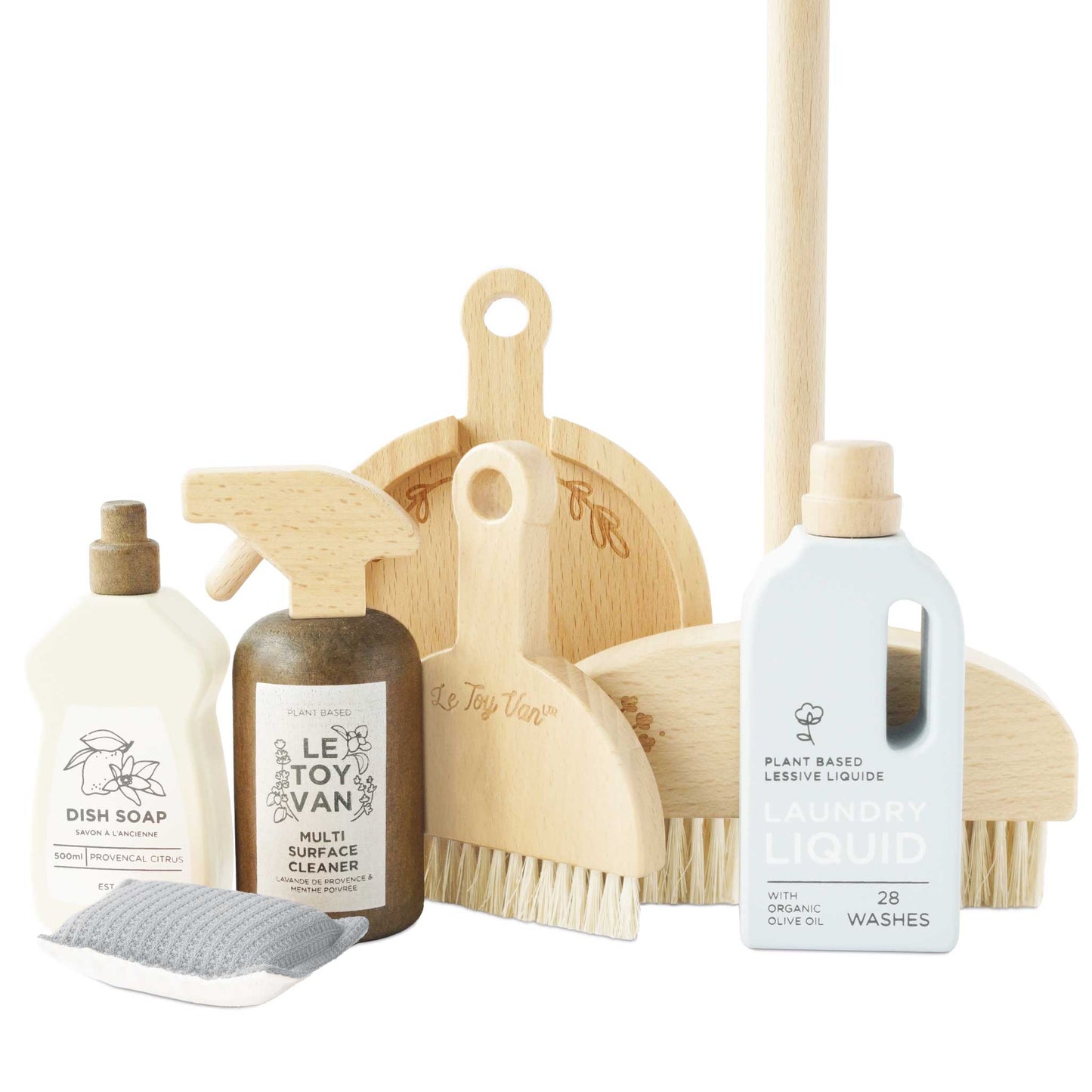 A set of eco-friendly wooden cleaning toys including a broom, brush, sponge, dustpan, surface spray, dish soap, and laundry liquid bottles.