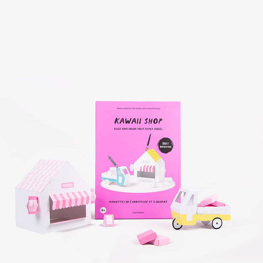 Kawaii shop toy set with pink packaging, small house, and car on a white background