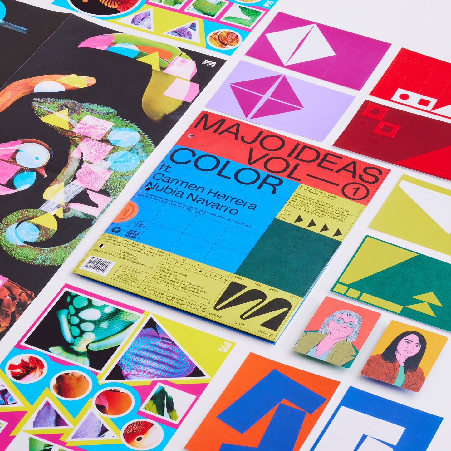 Collection of colourful posters and booklets with geometric designs and vibrant colors.