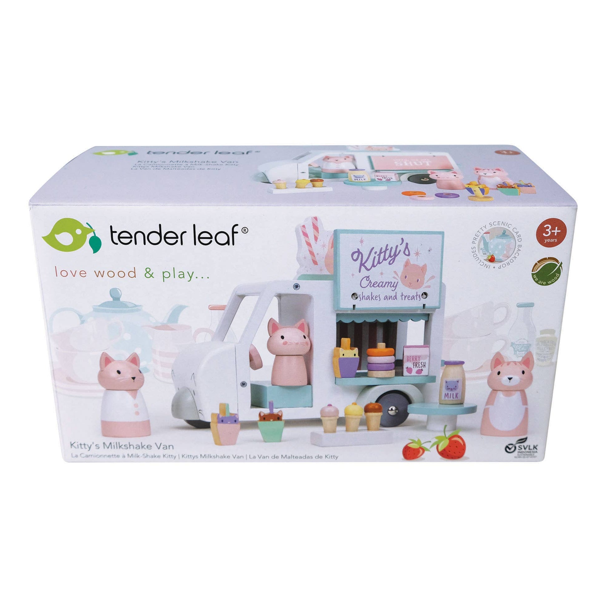 Tender Leaf toy set packaging with a milkshake van and cat figures on a white background