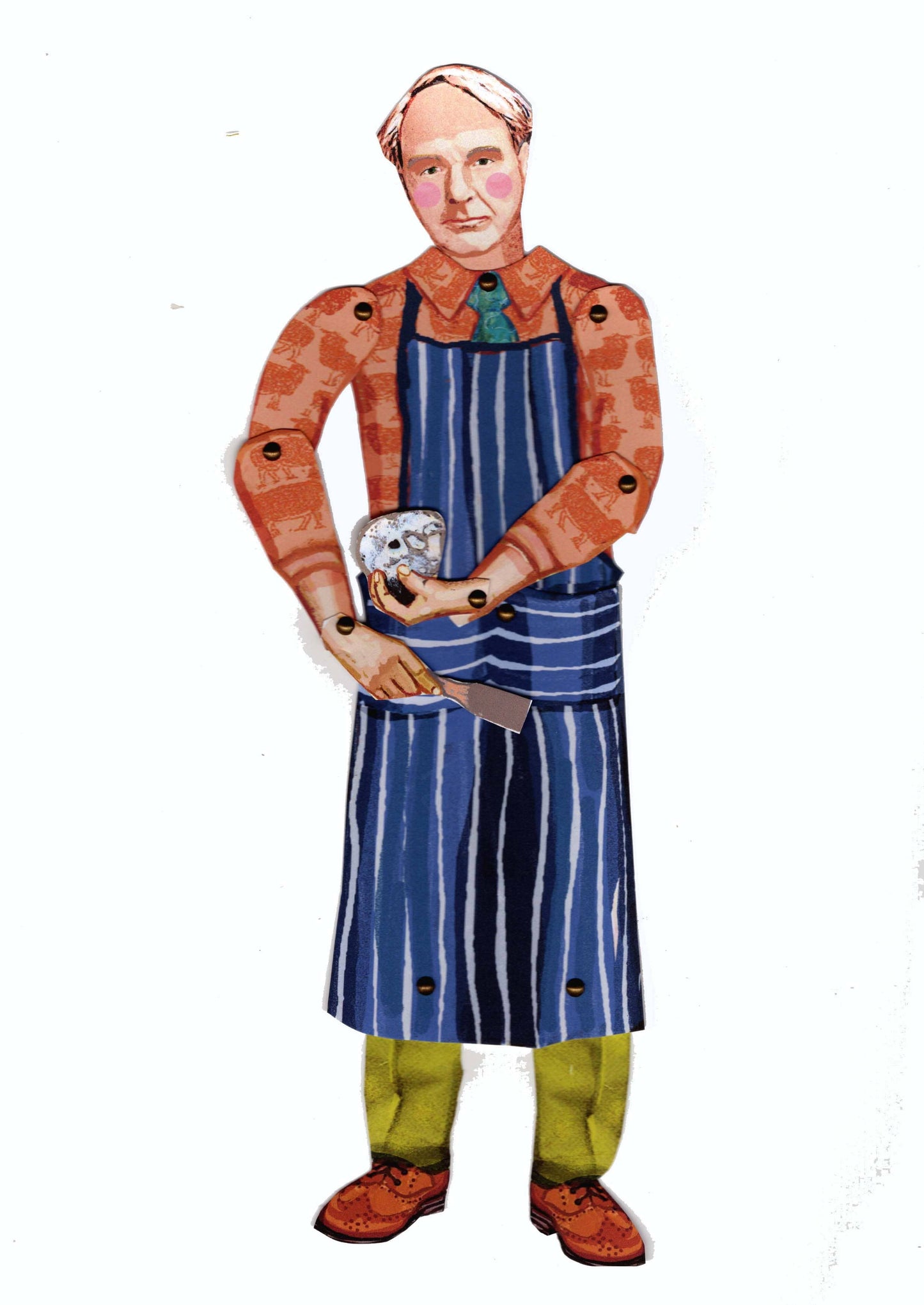 Cartoon character wearing a blue apron holding a silver object on a white background