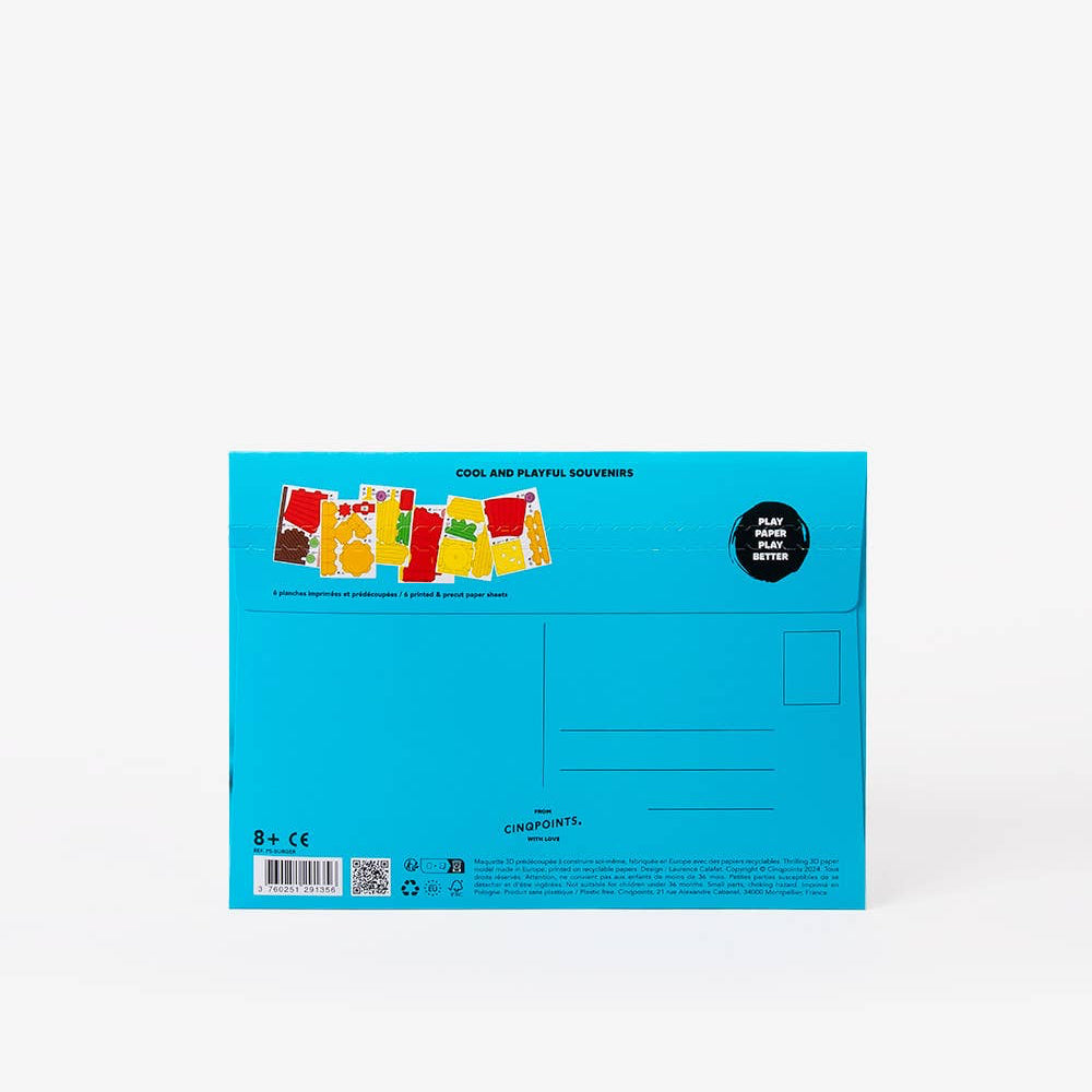 Blue packaging with colorful graphics on a white background