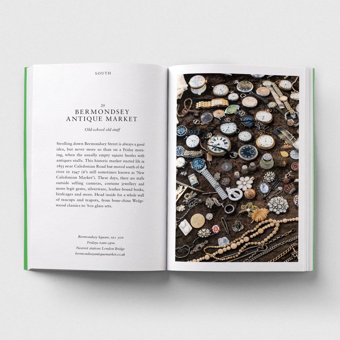 Open book showing a page about Bermondsey Antique Market with an image of vintage jewelry.