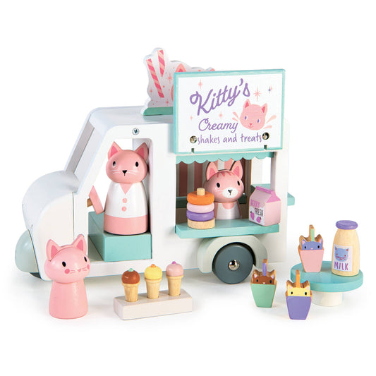 Toy ice cream cart with pink cat figures and various ice cream cones on a white background
