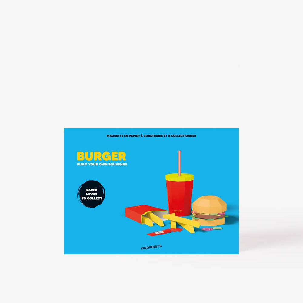 Colorful illustration of a burger, fries, and drink on a blue background with 'Burger' text.