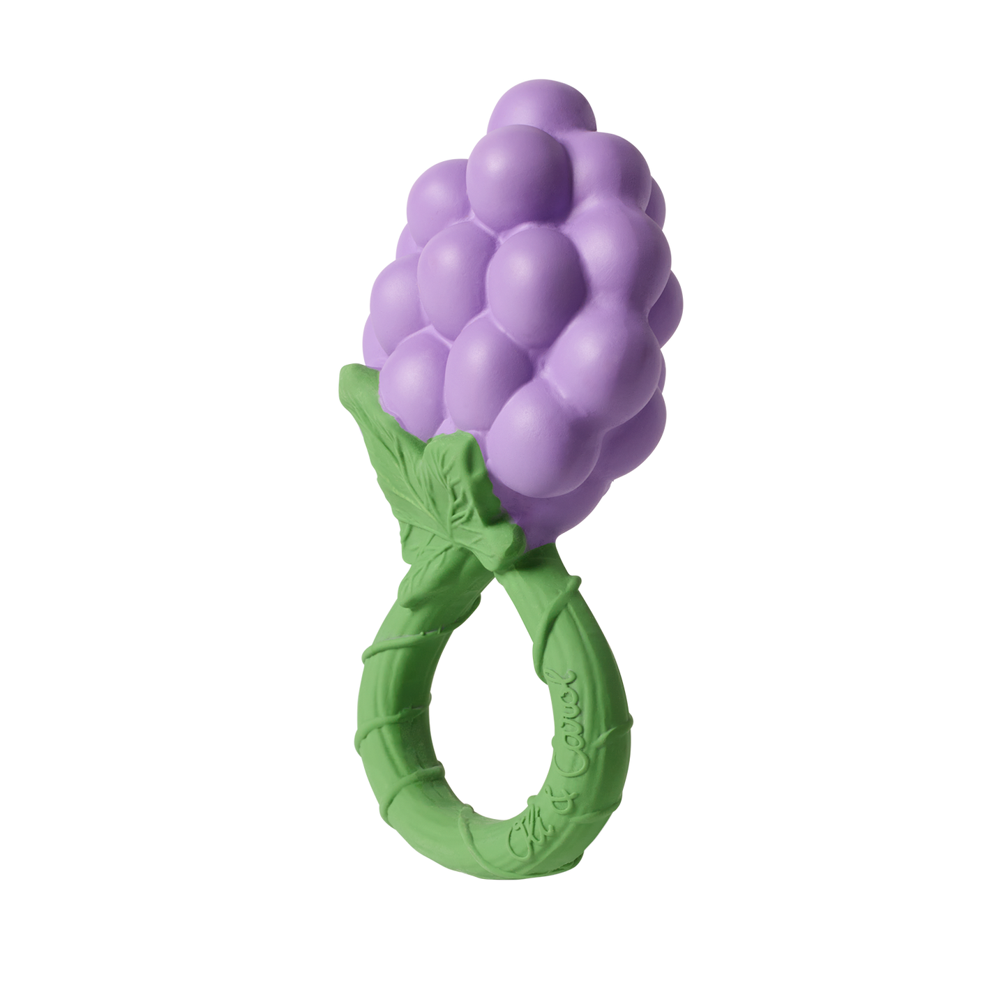 Purple grape-shaped teether with green base on a white background