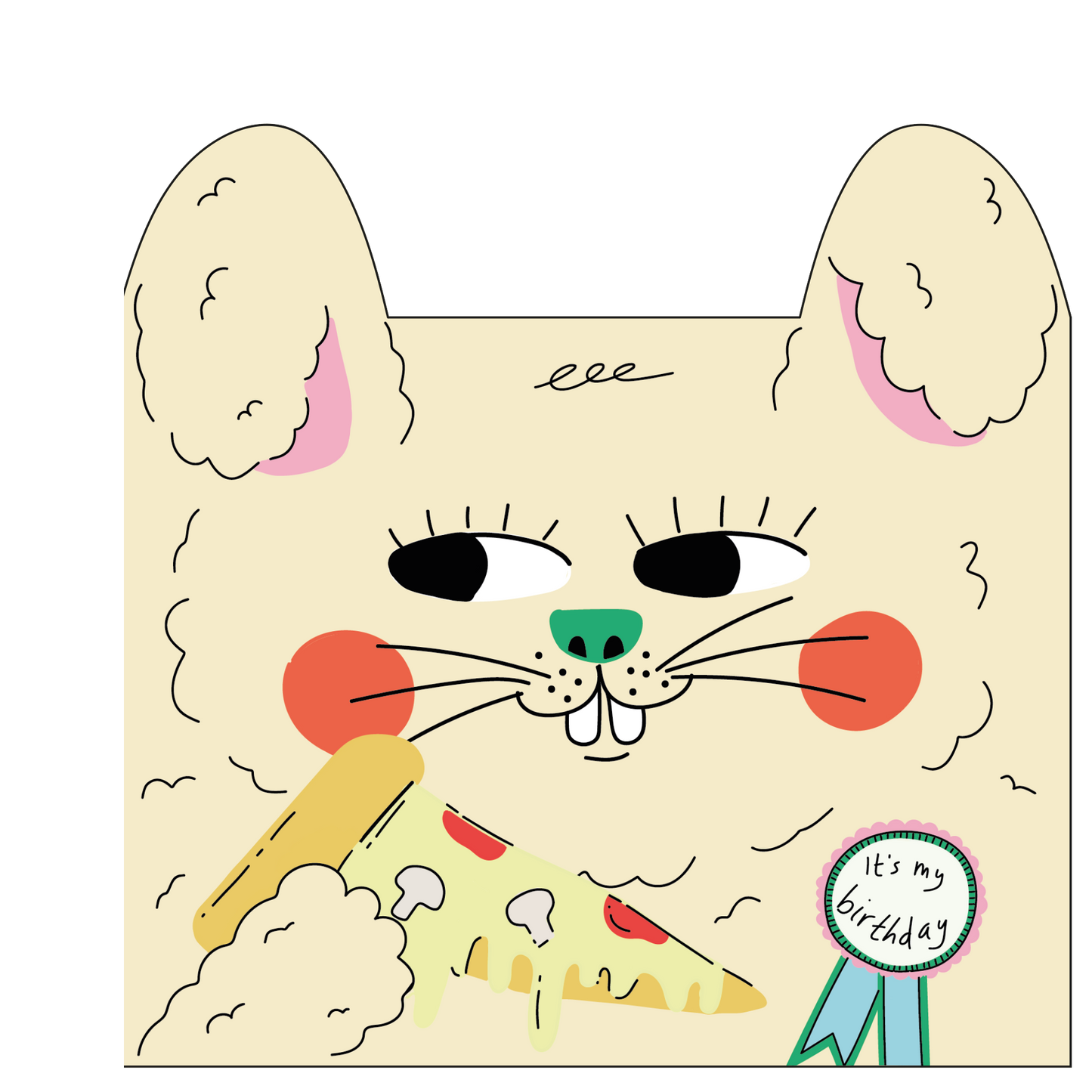 Illustration of a rabbit with pizza and birthday ribbon on a beige background