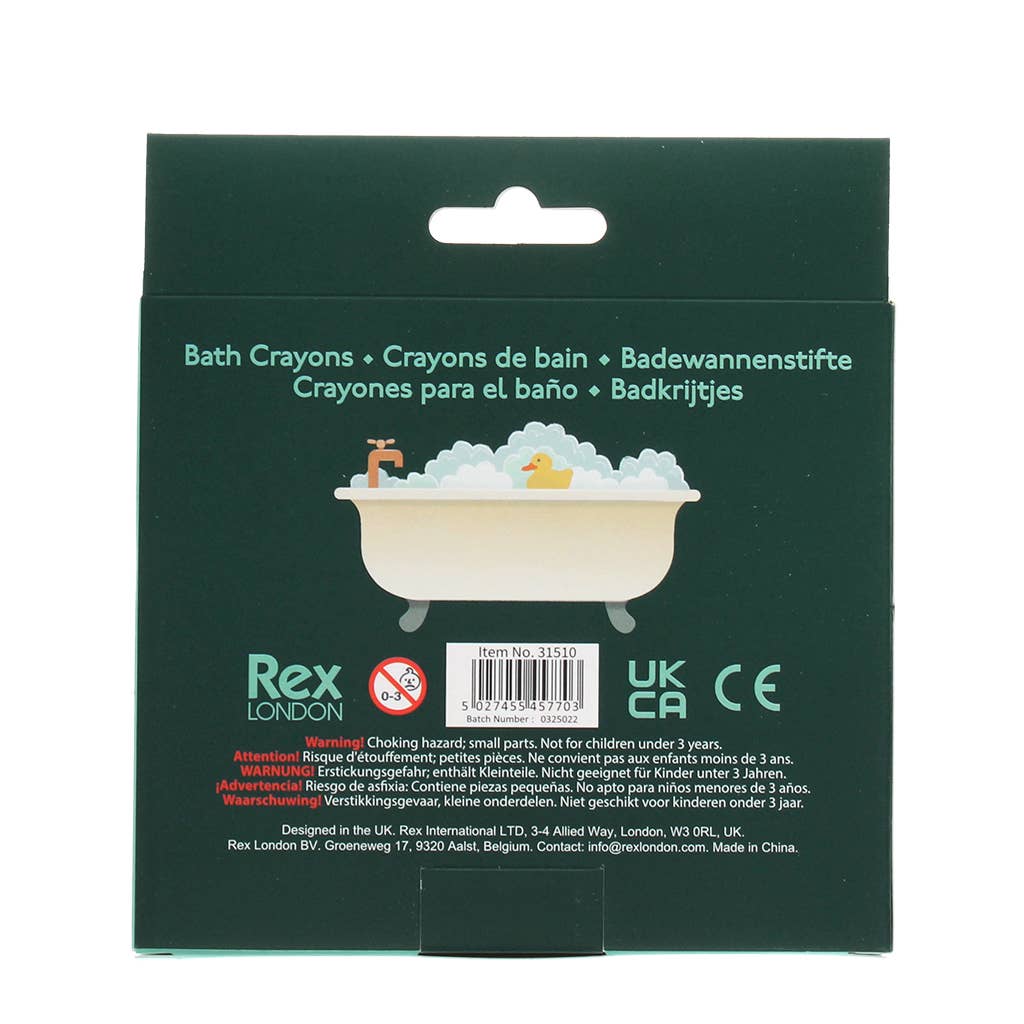 Back of a packaging for bath crayons with a bathtub illustration and product details.