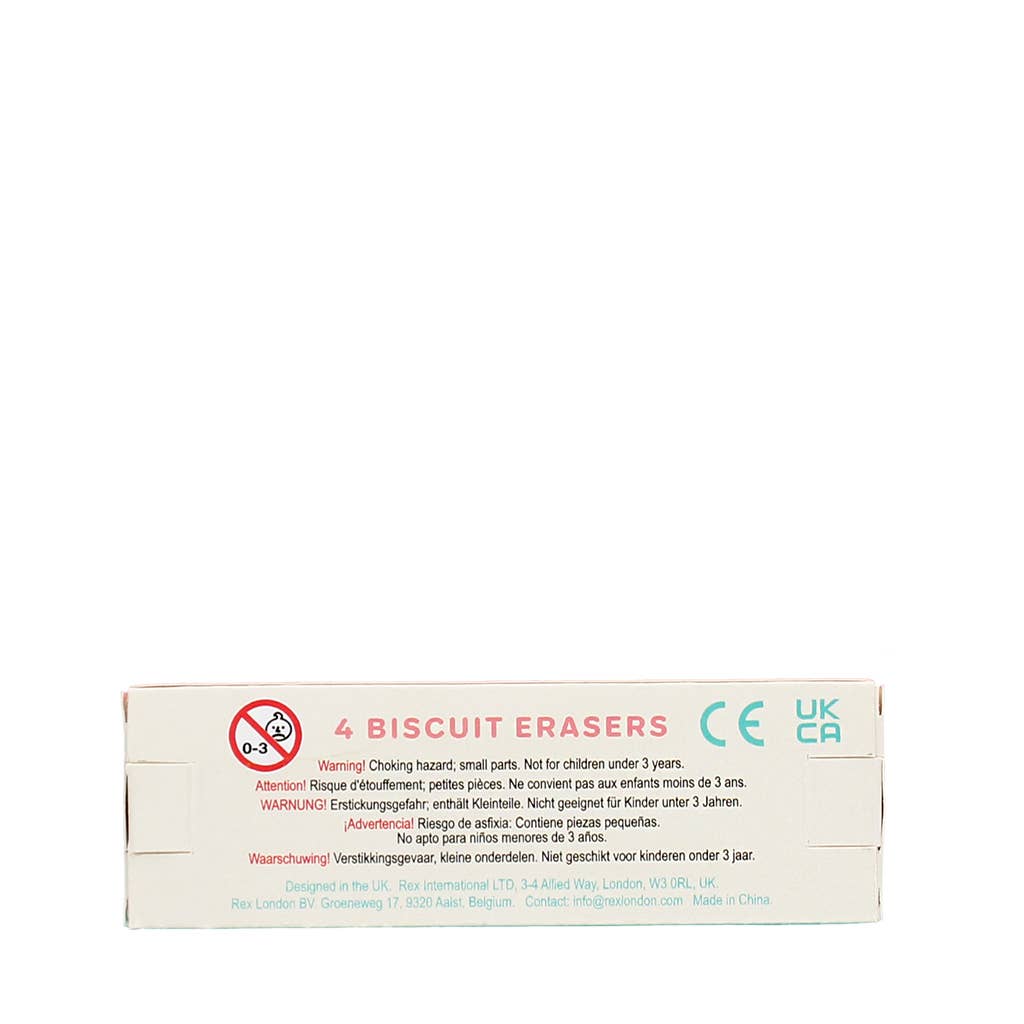 Box of 4 biscuit erasers with warning labels on a white background
