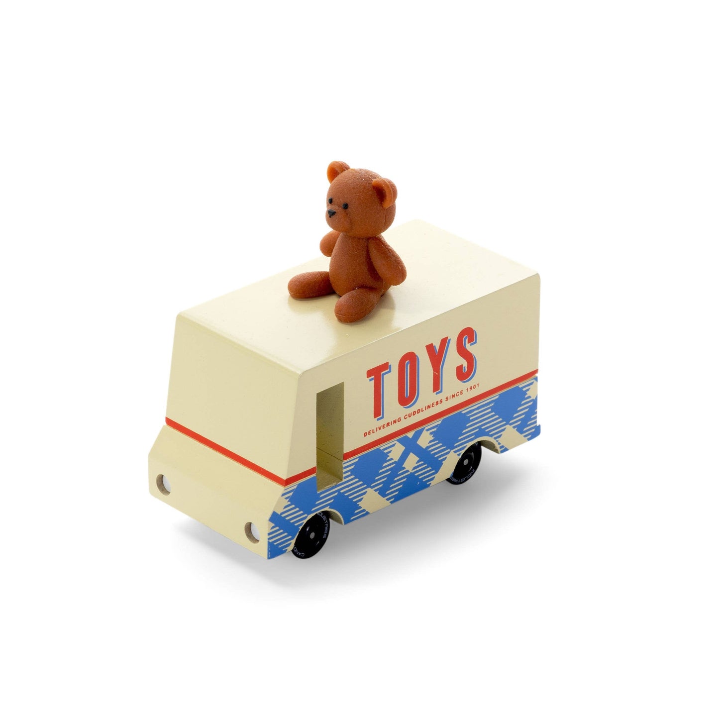 Toy truck with 'TOYS' on the side and a teddy bear on top, on a white background