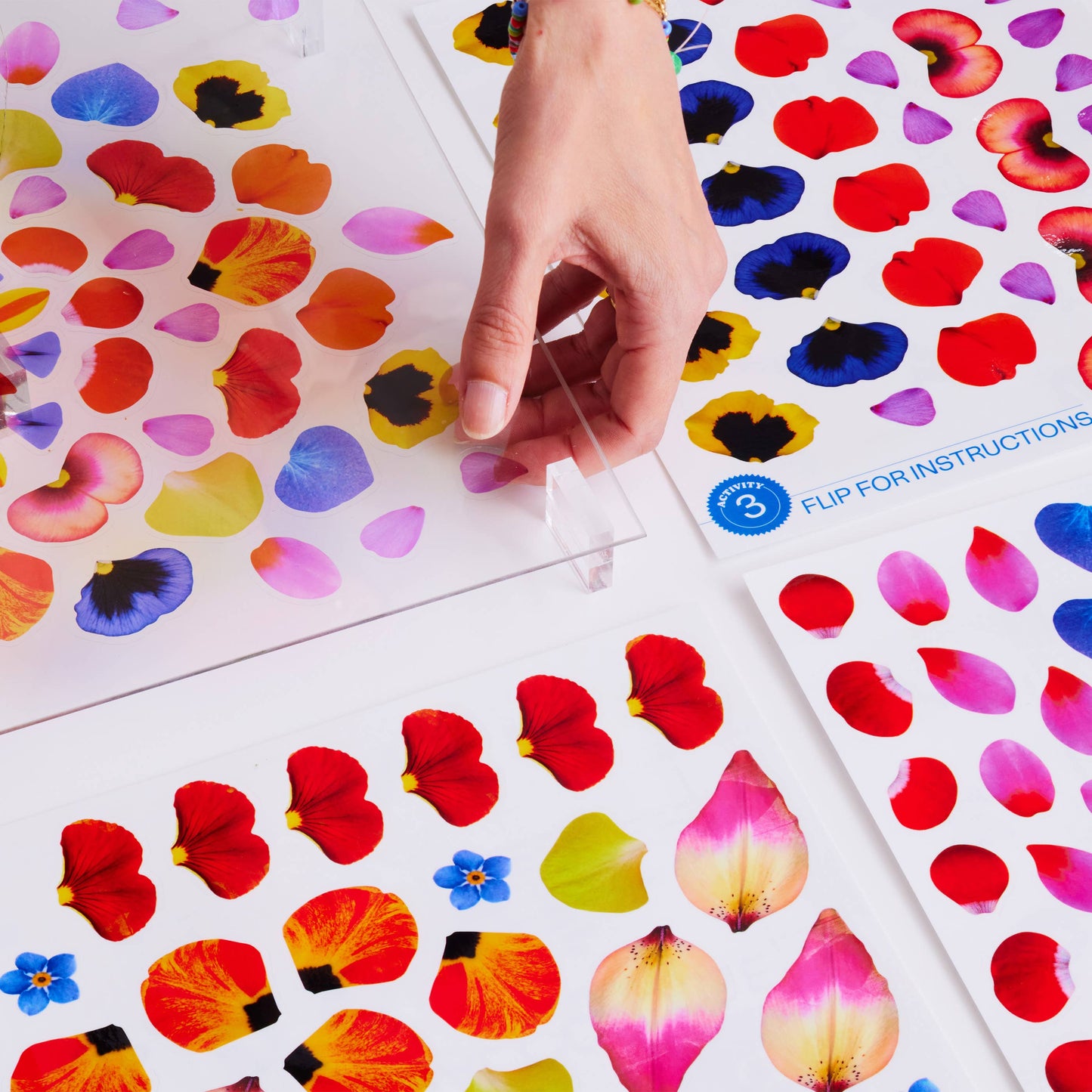 Colorful flower petal stickers with a hand interacting with them on a white background.