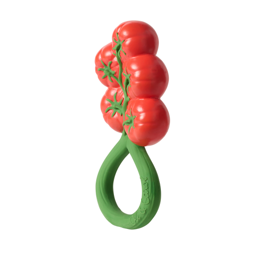 Toy shaped like a bunch of tomatoes with a green handle on a white background