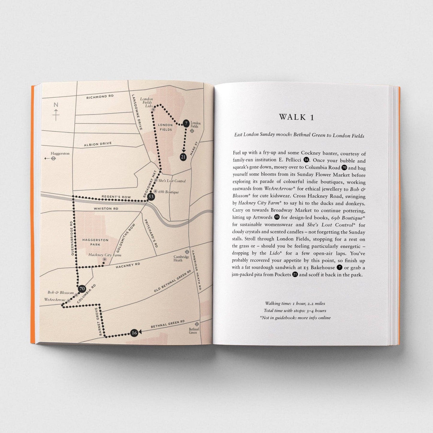 Open book with a map on one page and text on the other, on a light gray background