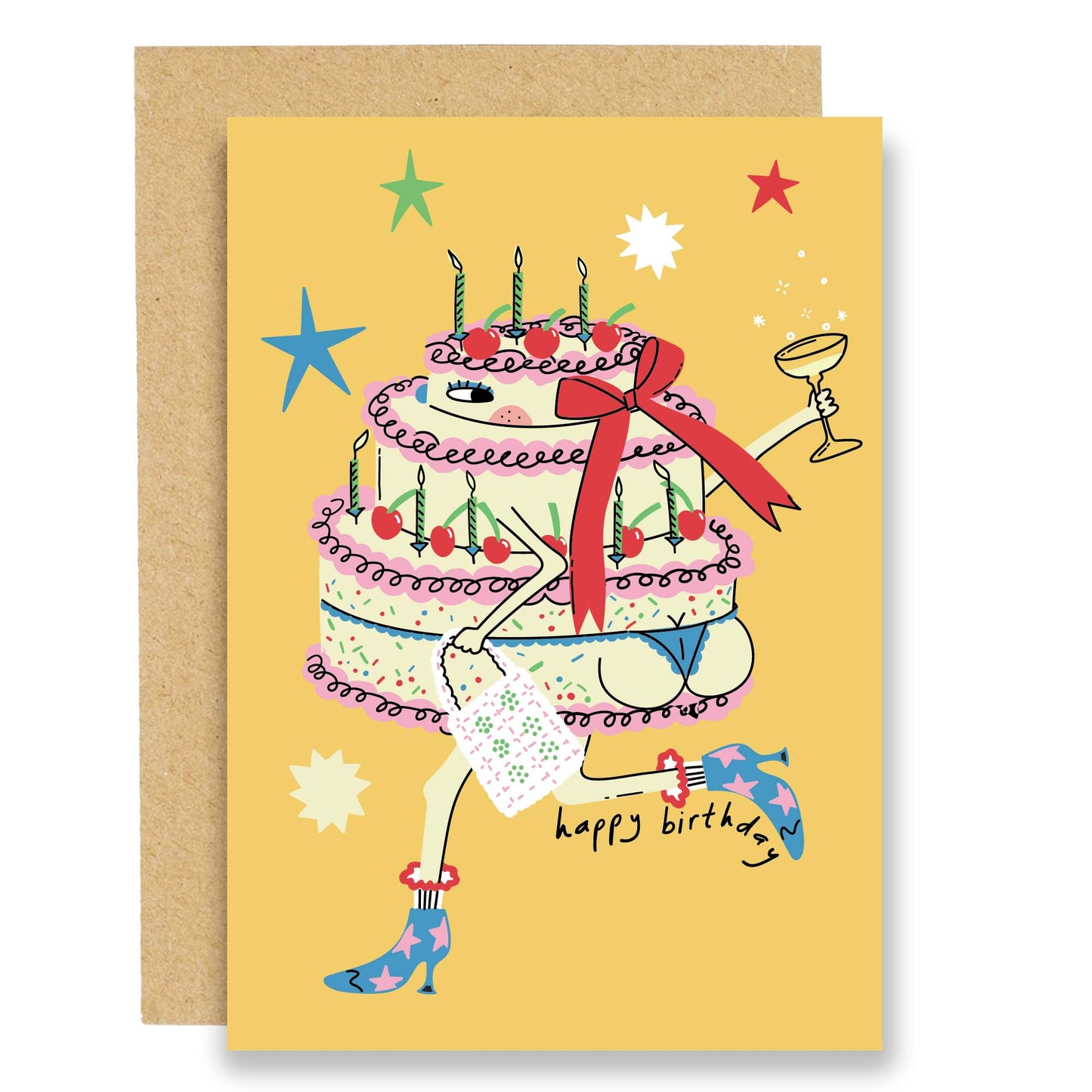 A greeting card with an illustration of a cake with boots and party decorations on it, with a yellow background. The card is 6x4 inches, blank inside, and comes with a brown envelope.