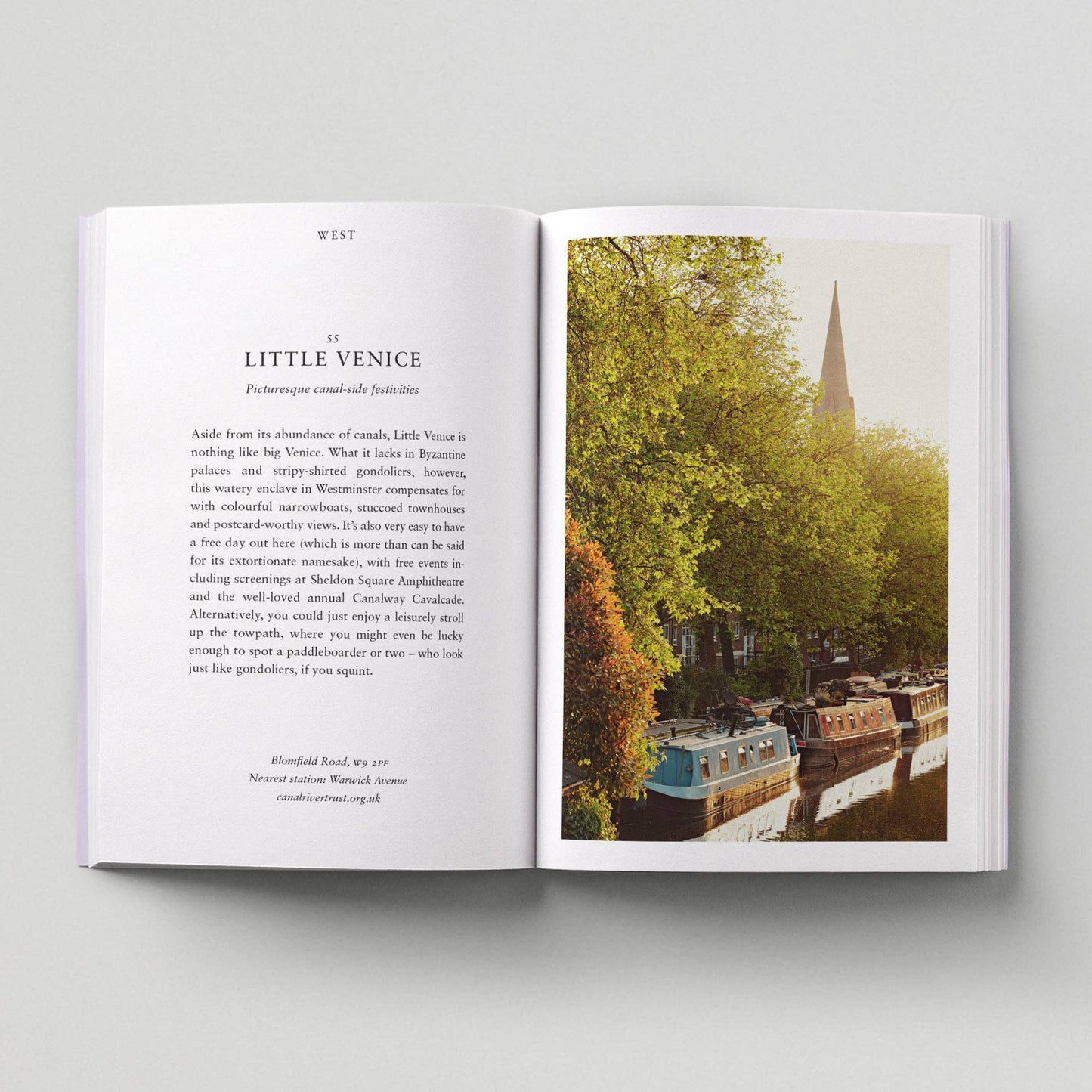 Open book with text and a photograph of Little Venice, London.