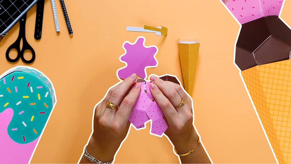 Colourful ice cream-themed paper craft with an ice cream cone and box on a white background