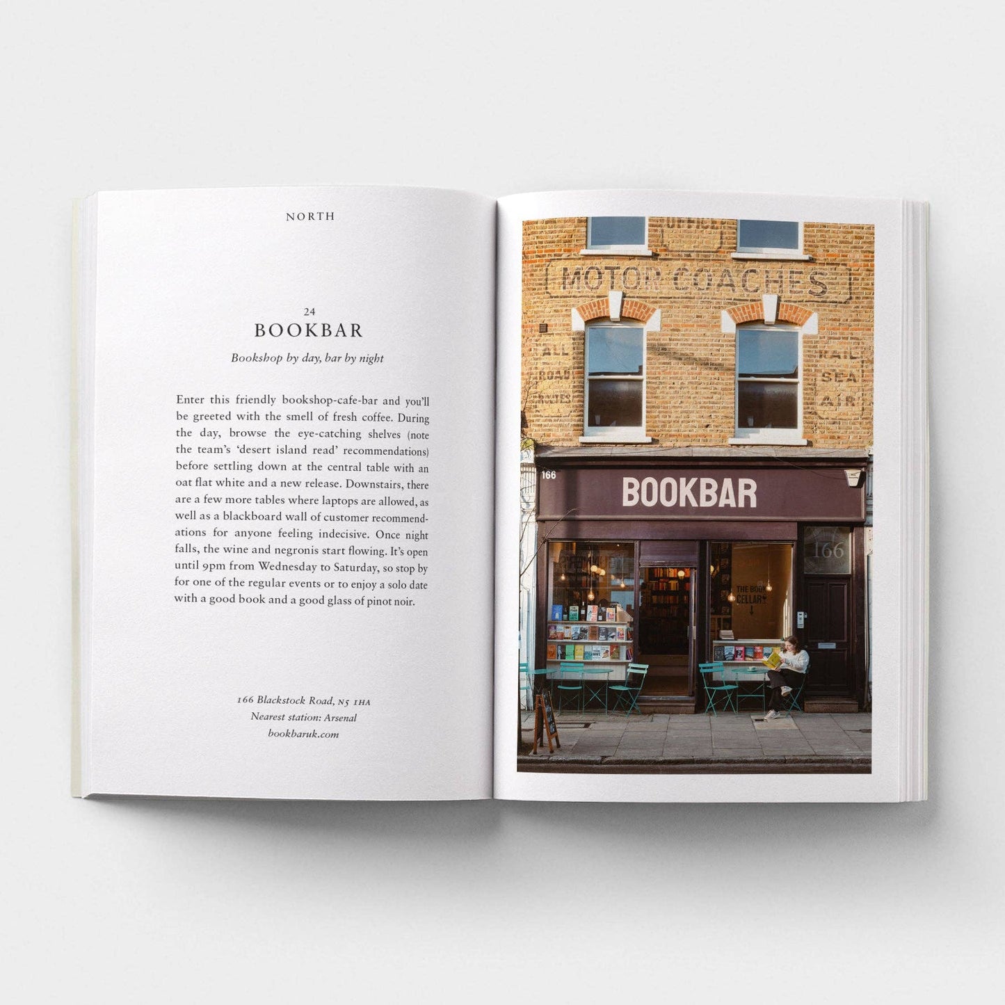 Open book showing text on one page and an image of a 'Bookbar' on the other.
