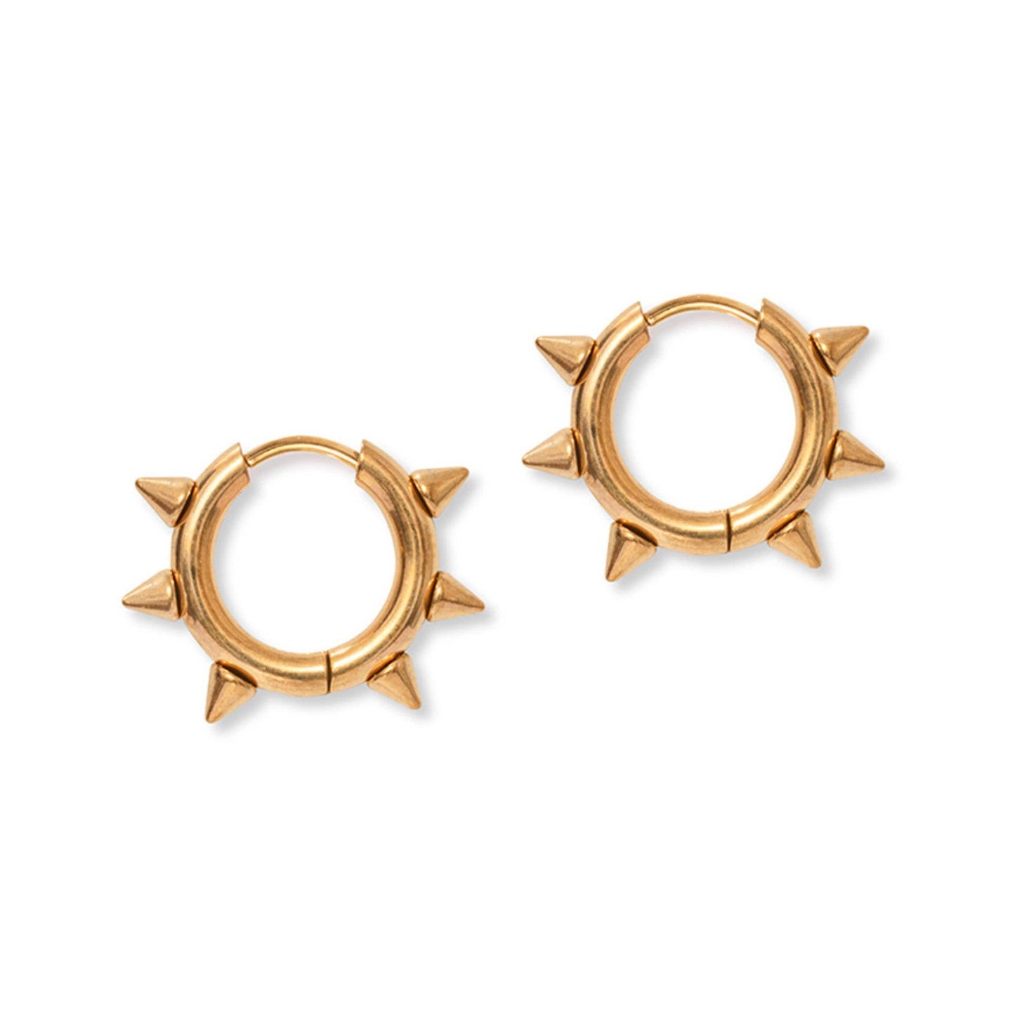 Gold hoop earrings with spike details on a white background