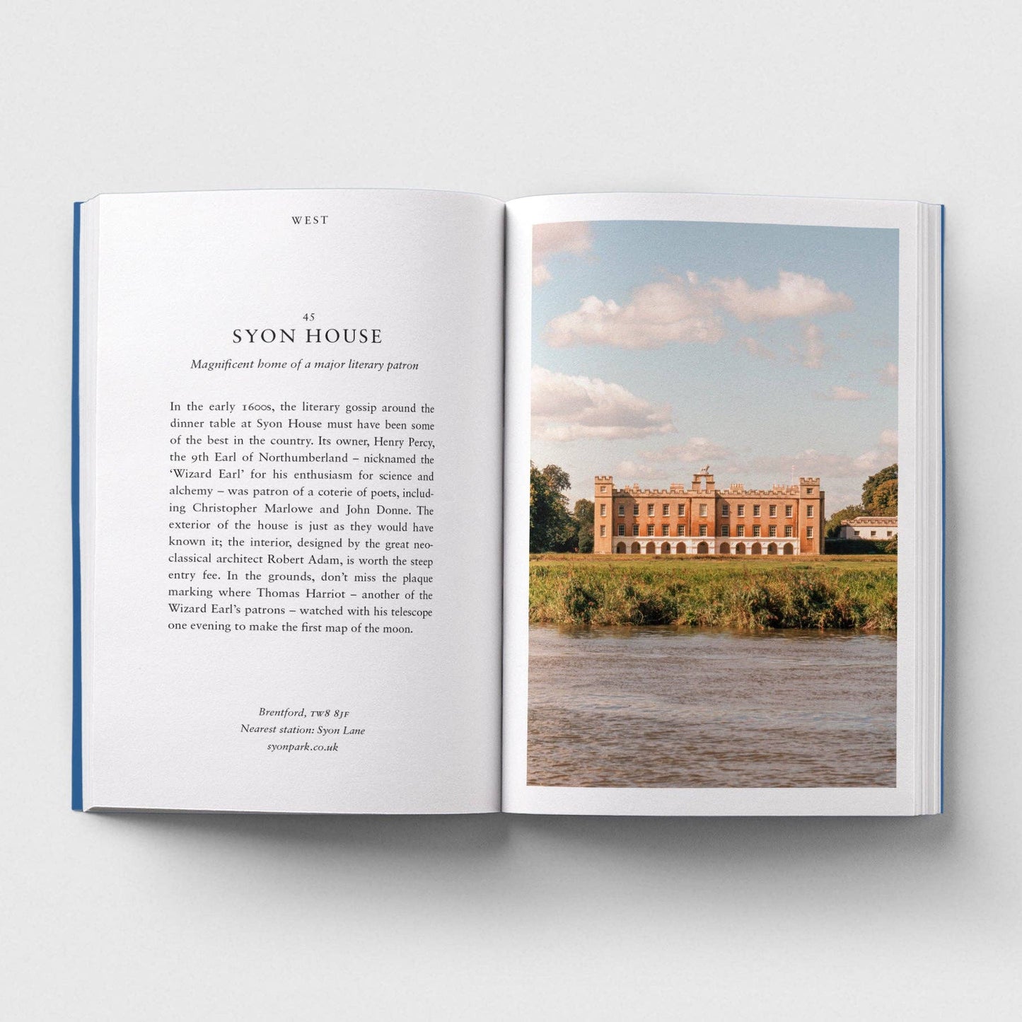 Open book with text on one page and a photograph of Syon House on the other, against a light gray background.