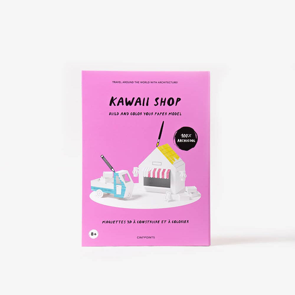 Pink book titled 'Kawaii Shop' with illustrations on a white background