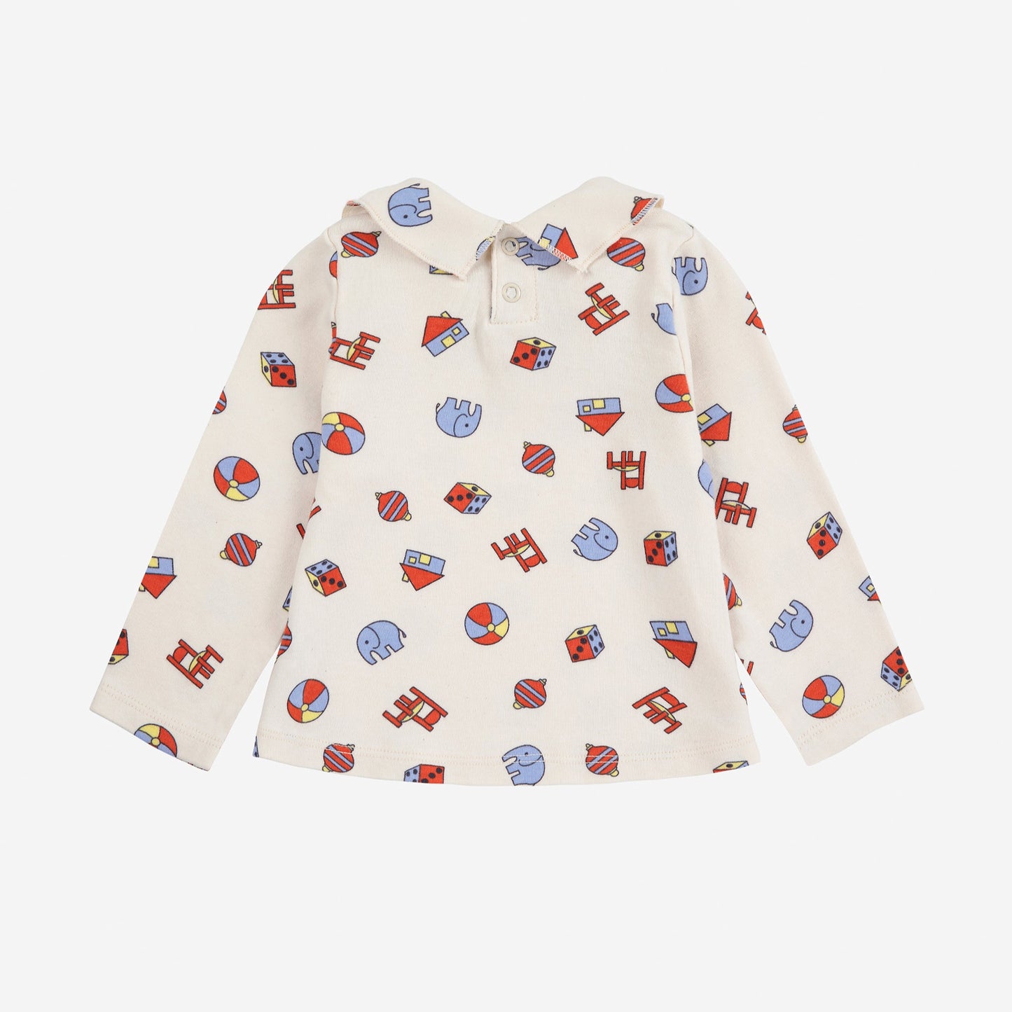White shirt with colourful geometric pattern on a white background