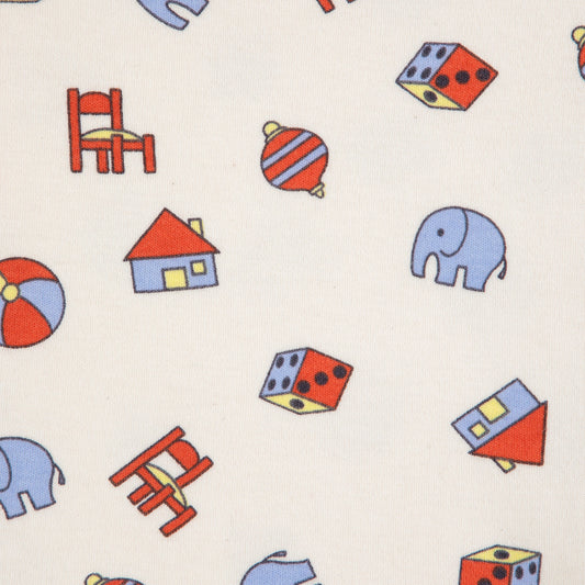 Pattern of colorful toy illustrations on a white background