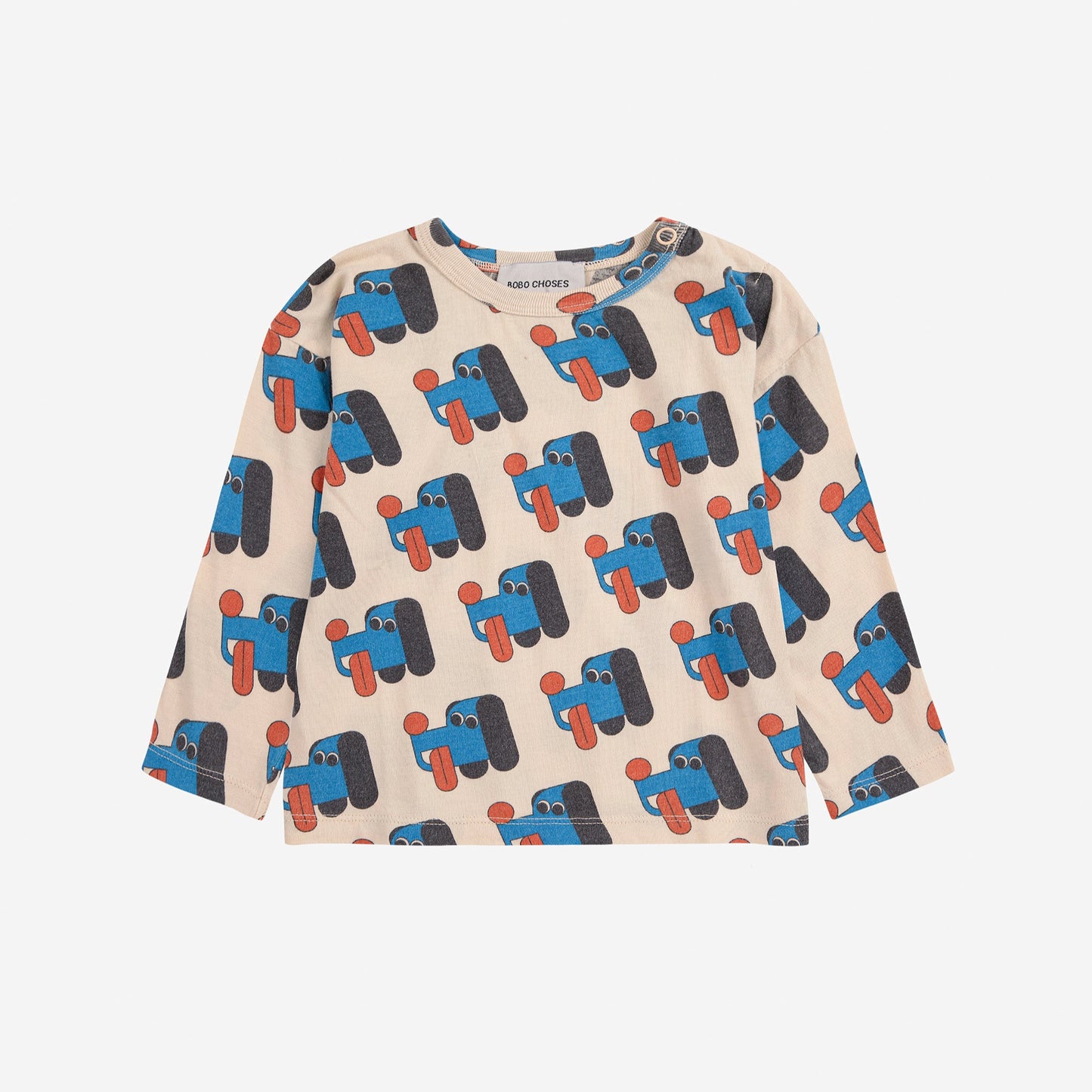 Long-sleeve shirt with truck pattern on a beige background