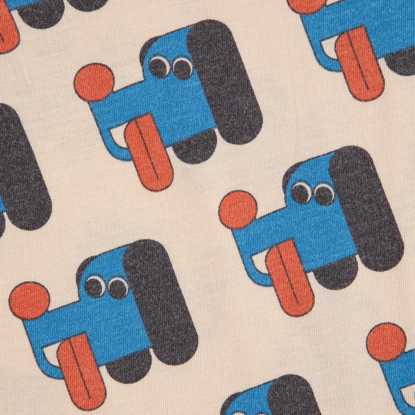 Pattern of blue cartoon dogs with orange noses on a beige background