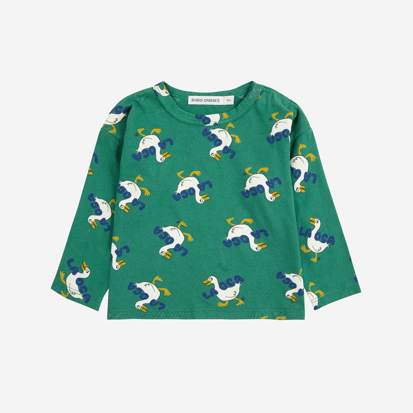 Green long-sleeve shirt with duck pattern on a white background