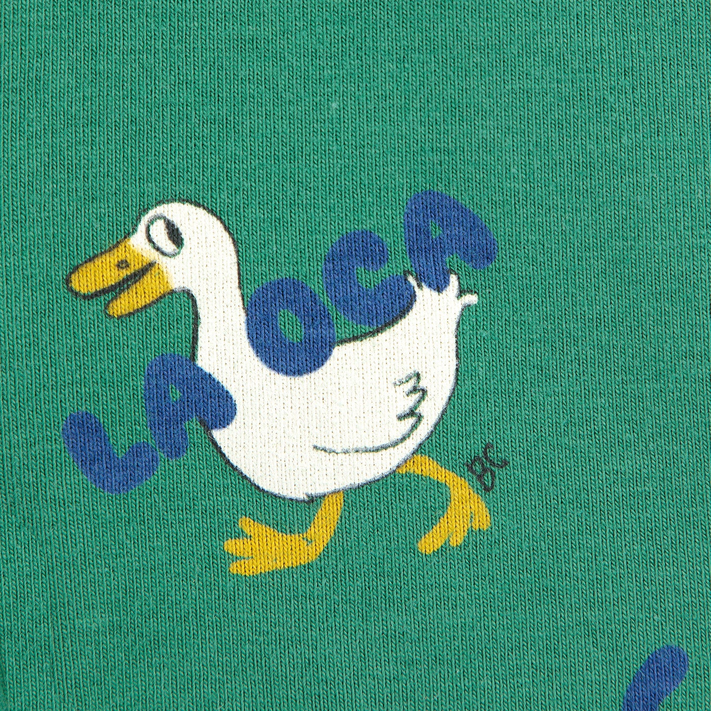 Pattern of cartoon ducks on a green background with 'La Casa' branding.