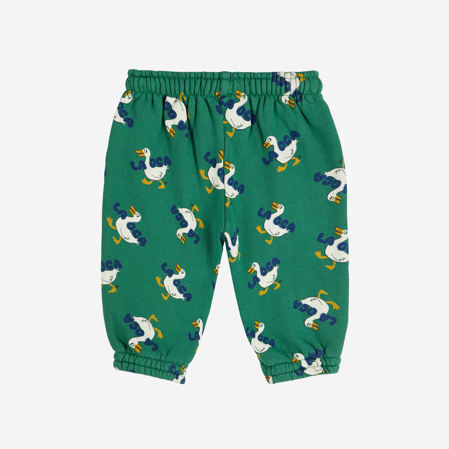 Green children's pants with duck pattern on a white background