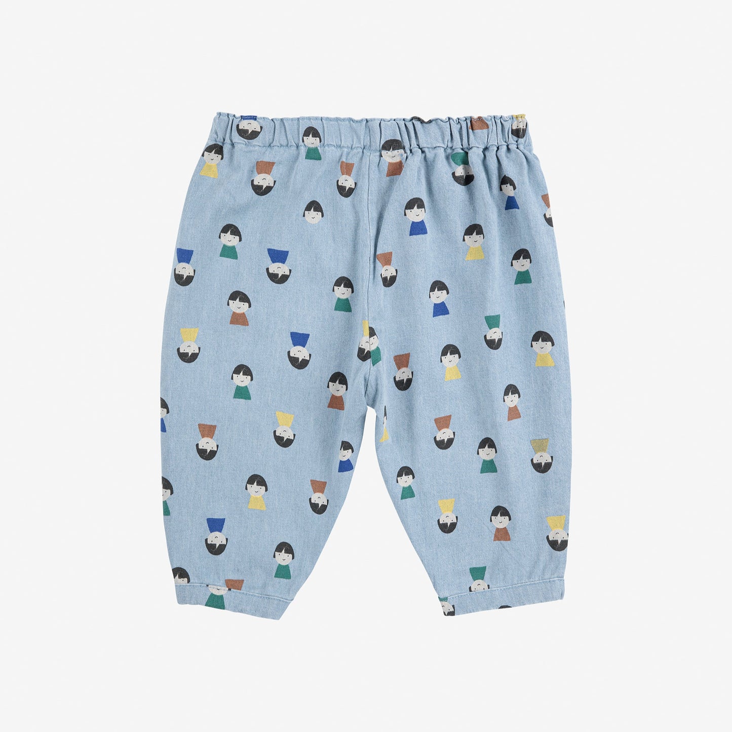 Light blue children's pants with colorful pattern on a white background
