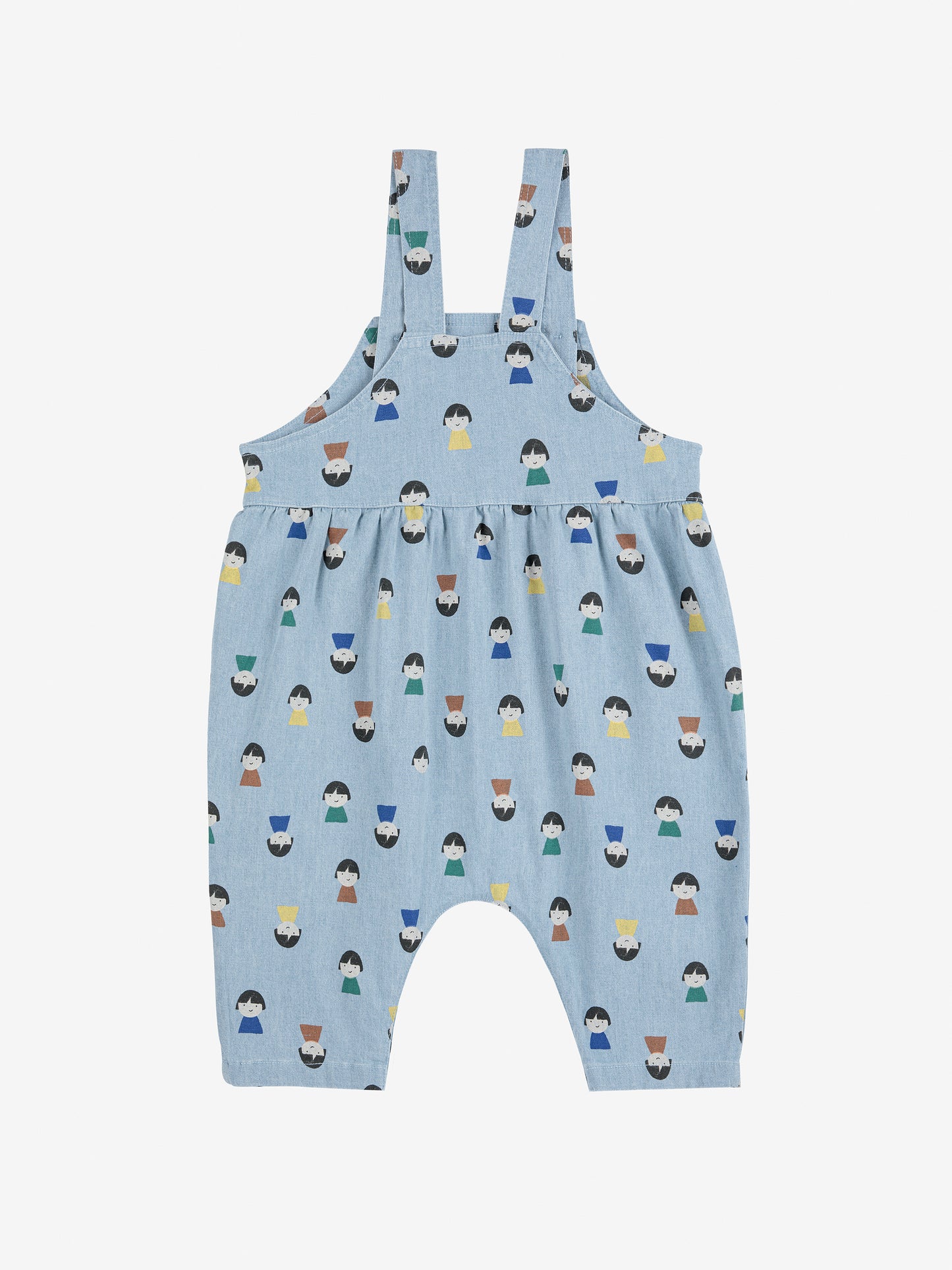 Blue children's overalls with colorful pattern on a white background