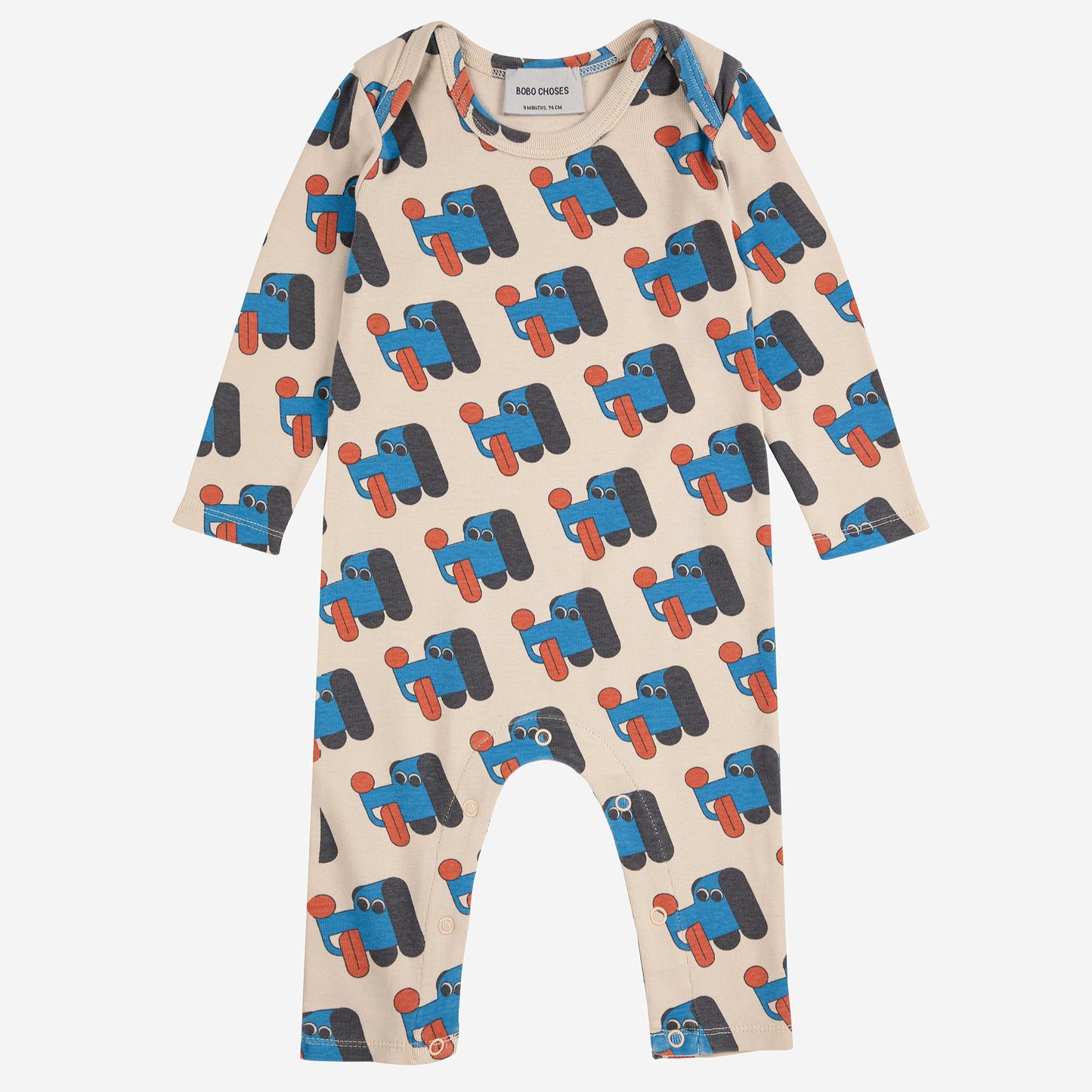 Baby onesie with dog pattern on a white background