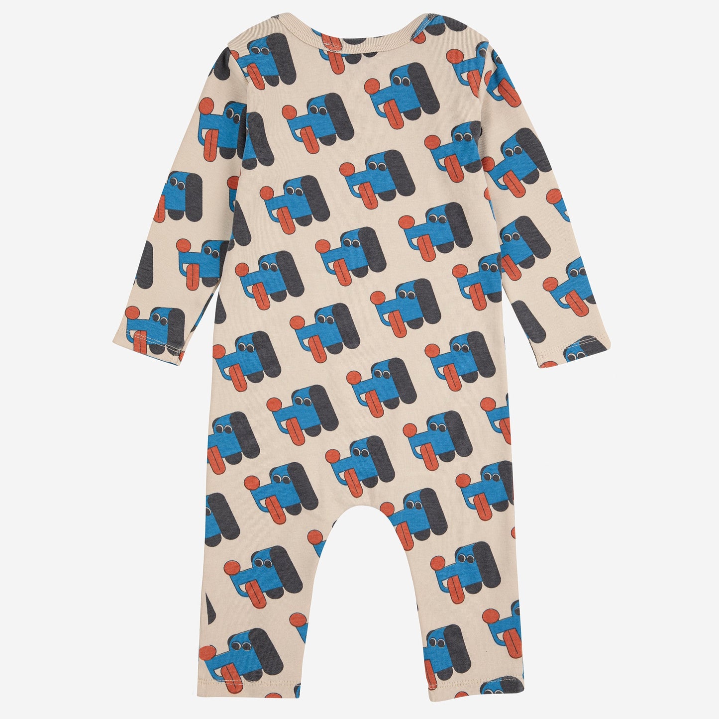 Children's romper with blue dog pattern on a beige background