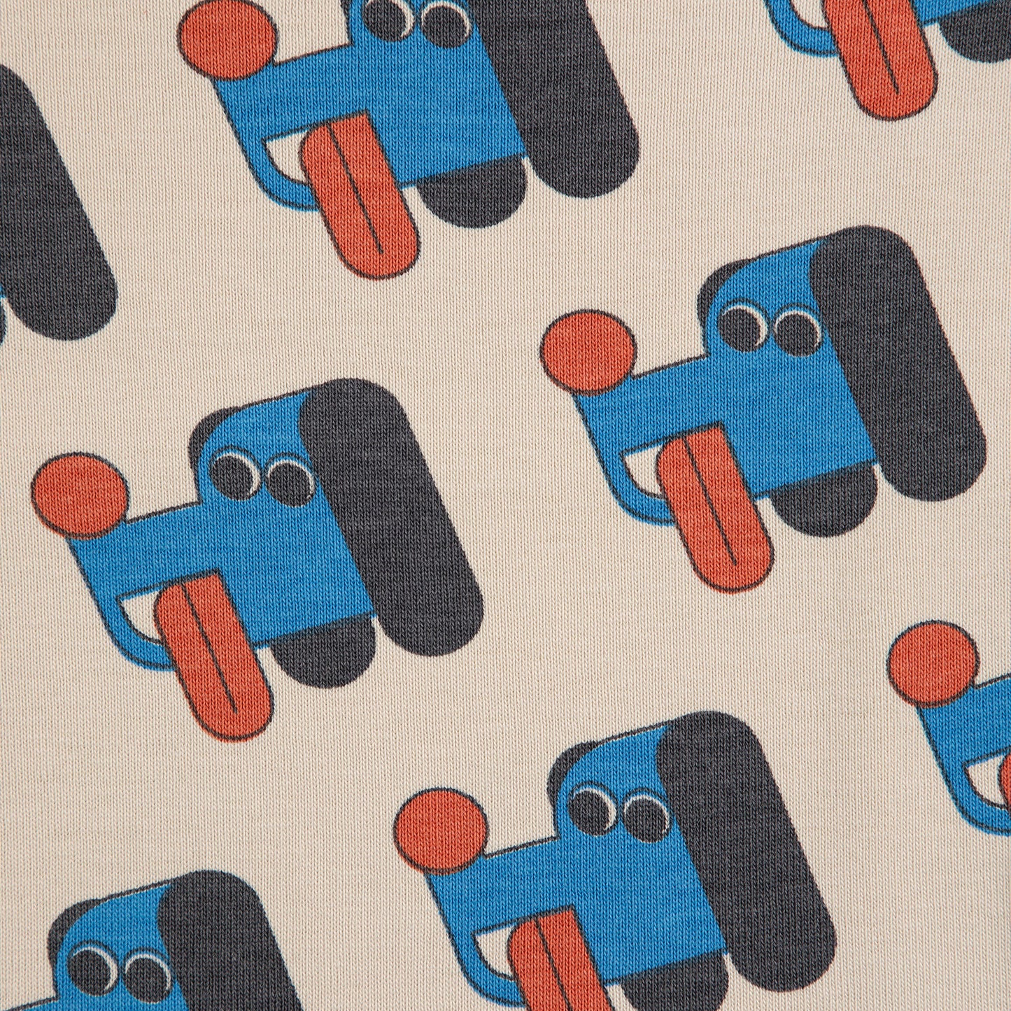 Pattern of blue dogs with red accents on a beige background