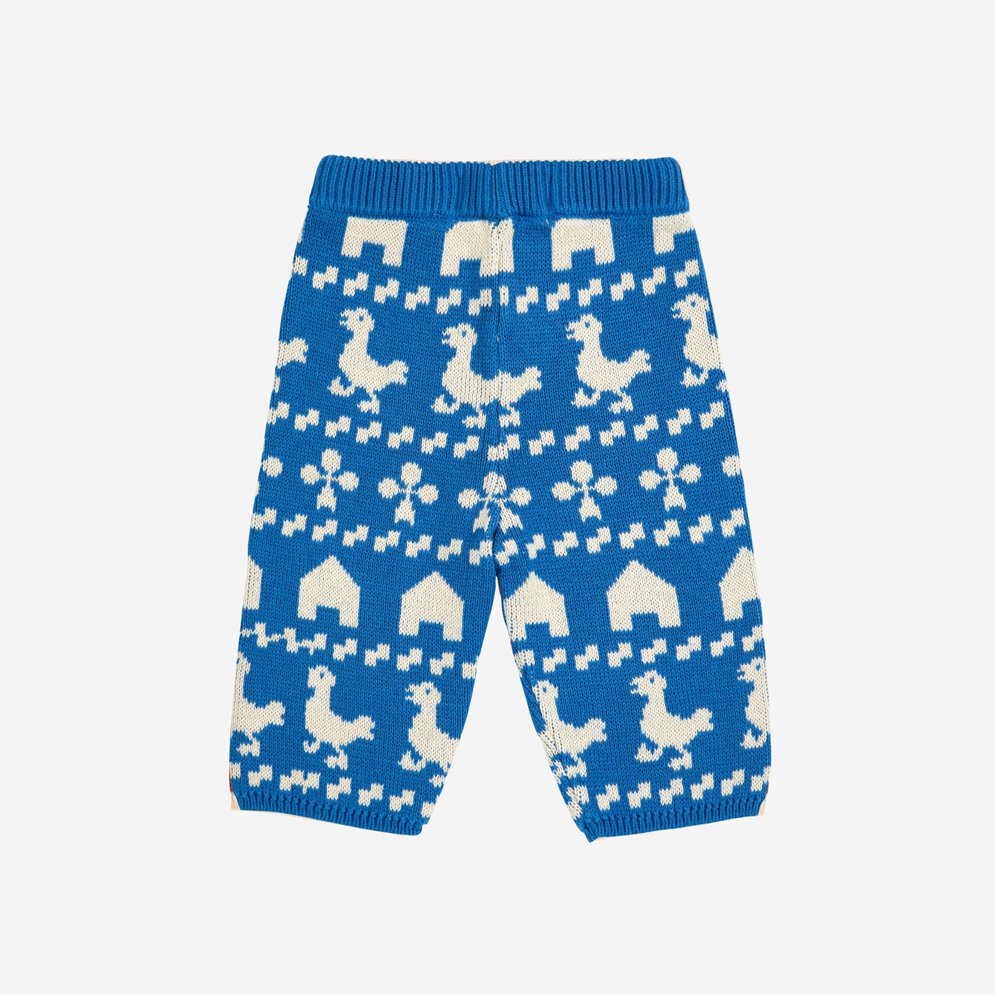 Blue baby leggings with white animal patterns on a white background