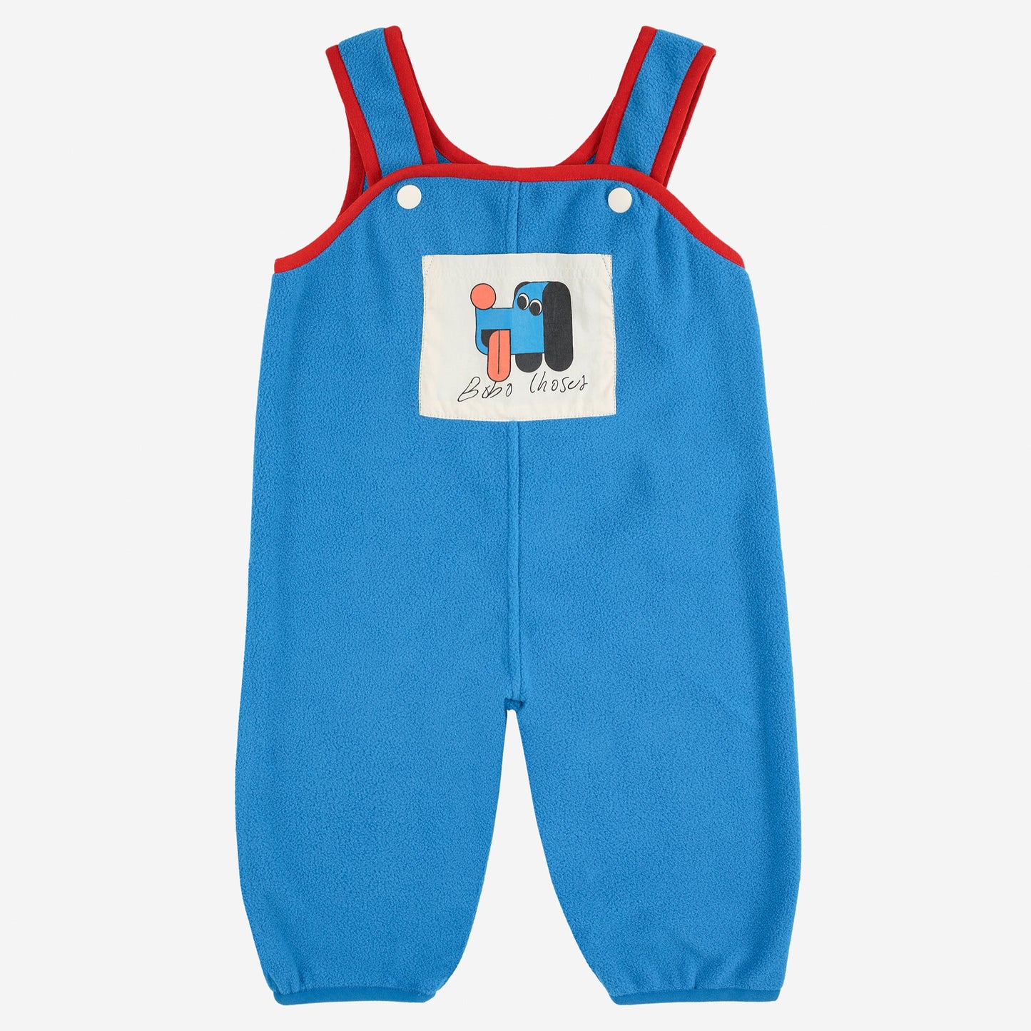 Blue dungarees with red straps on a white background