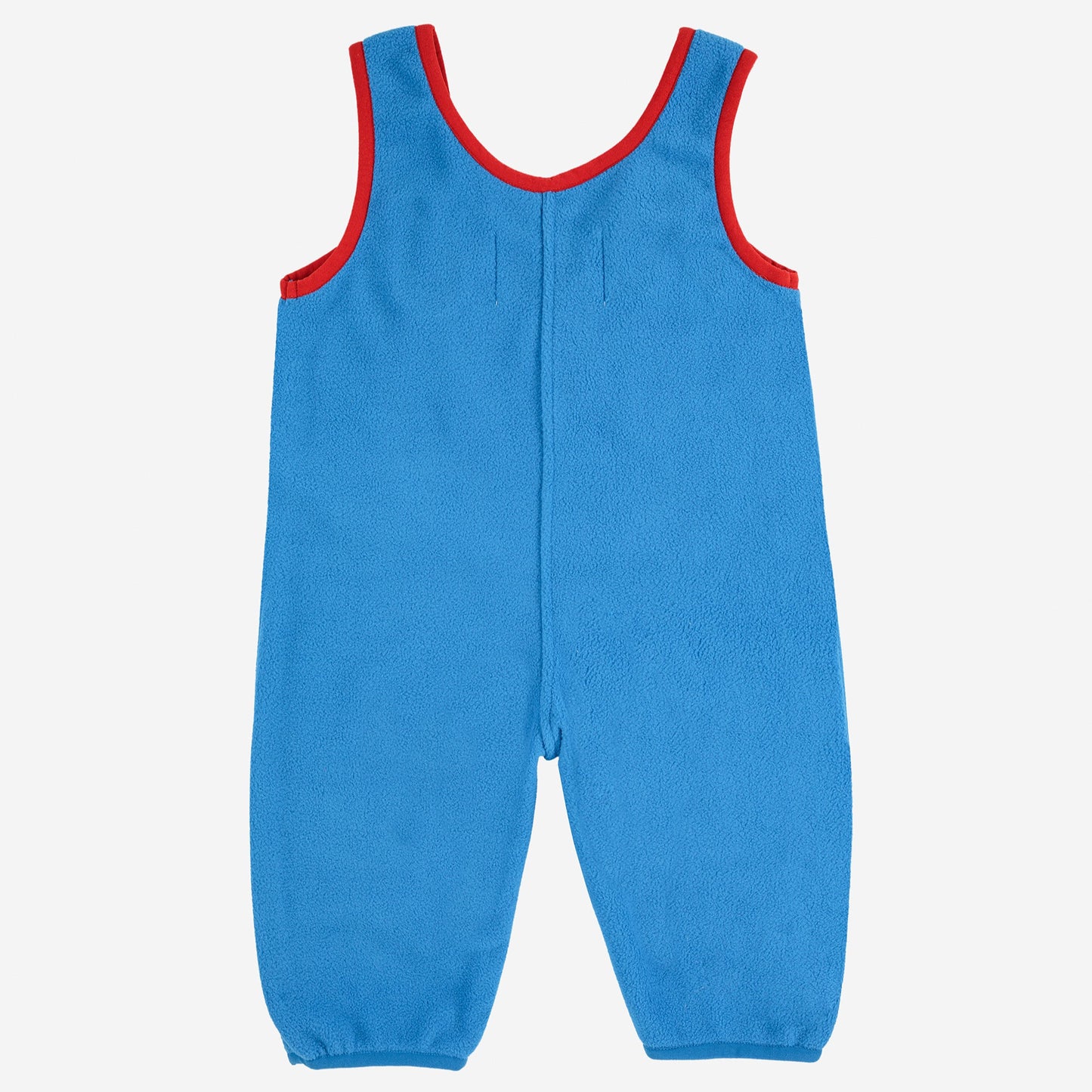 Blue overalls with red trim on a white background