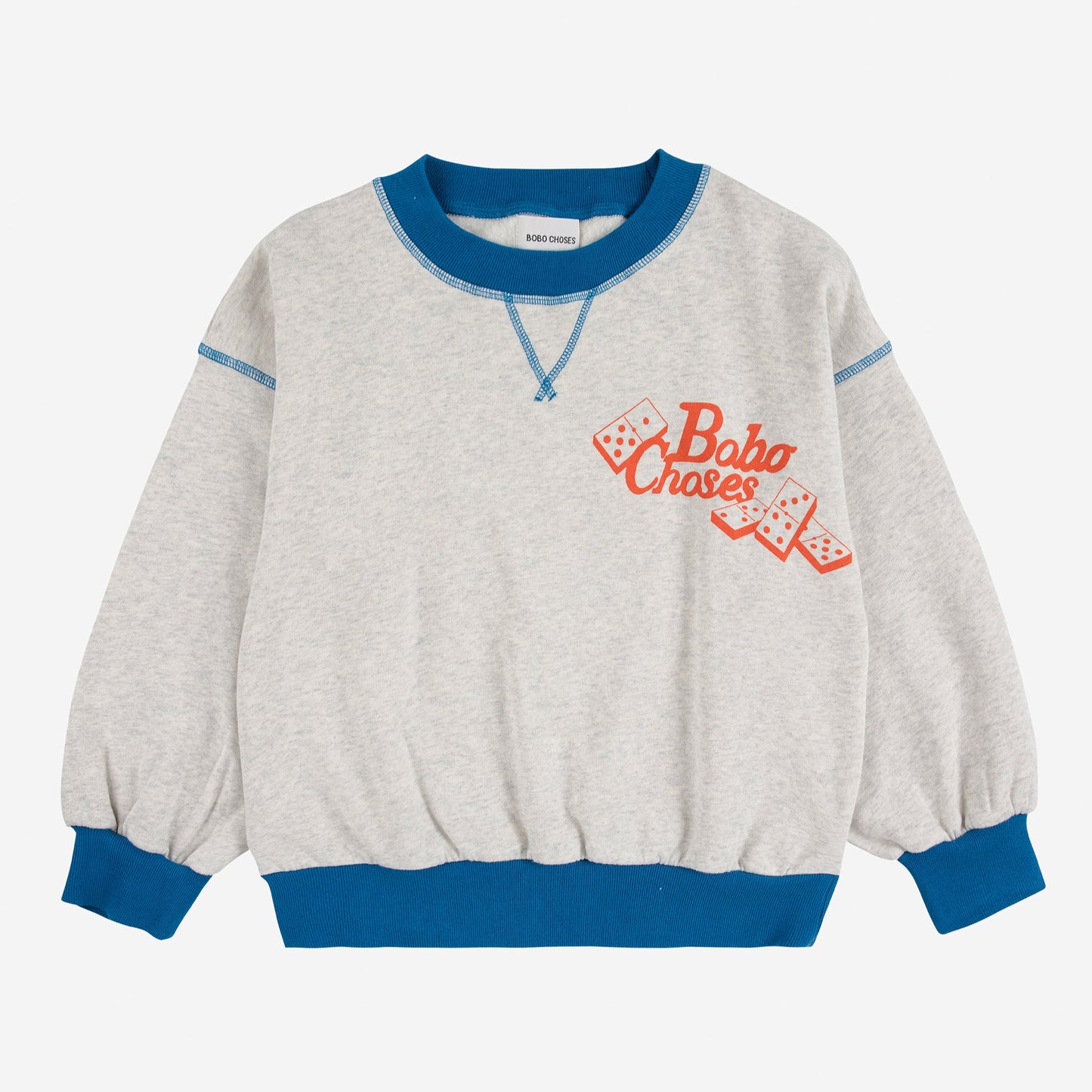 Gray sweatshirt with blue accents and red text on a white background