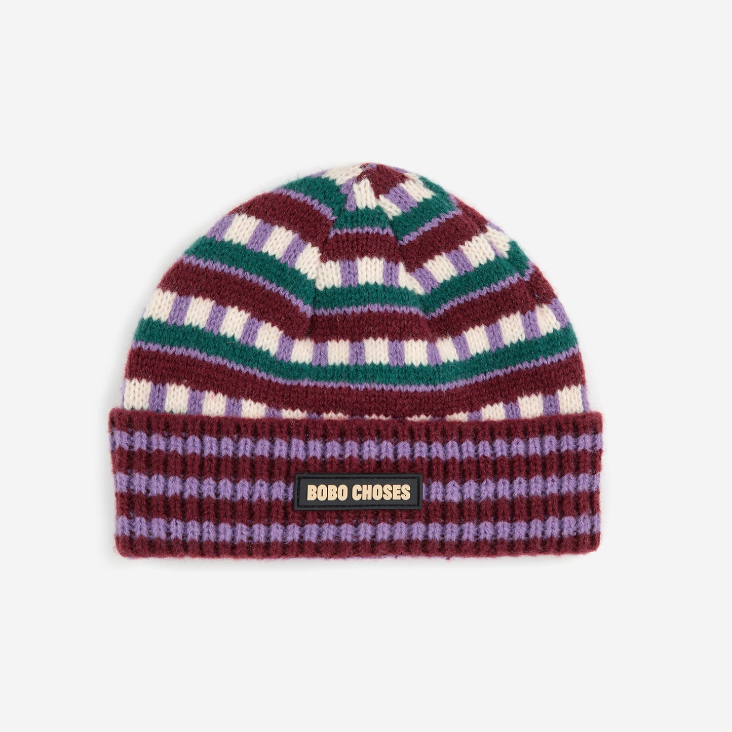 Multicolored striped beanie with a brand logo on a white background