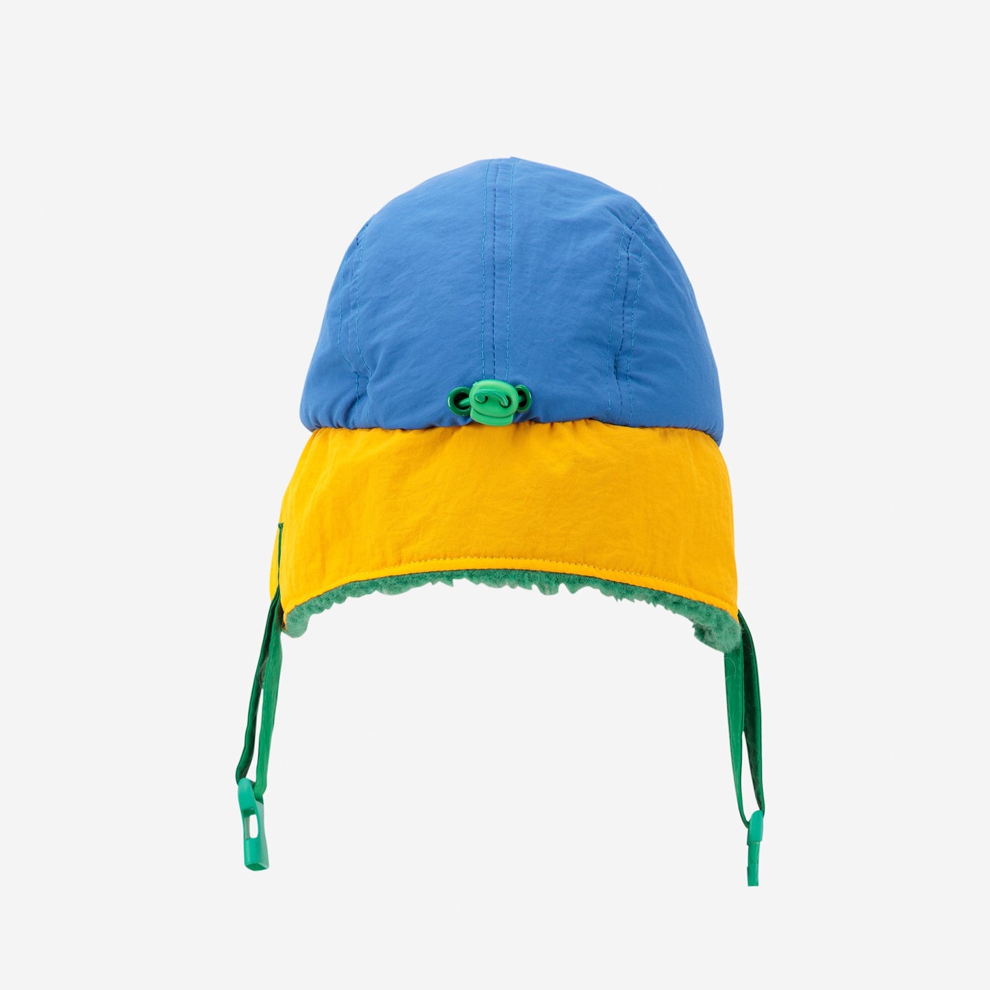 Colorful baby hat with blue top, yellow middle, and green bottom on a white background