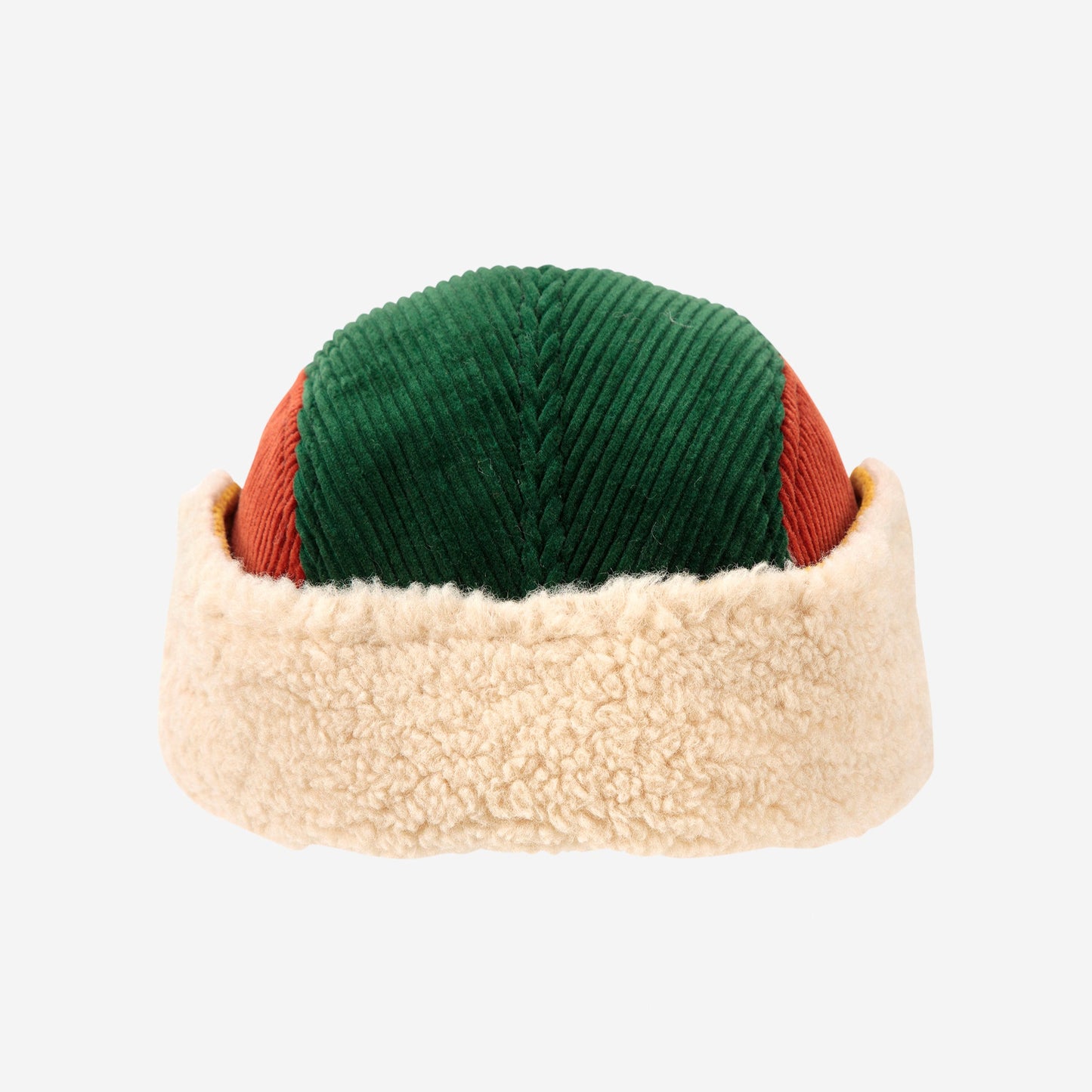 Color-blocked beanie with green and red top on a white background