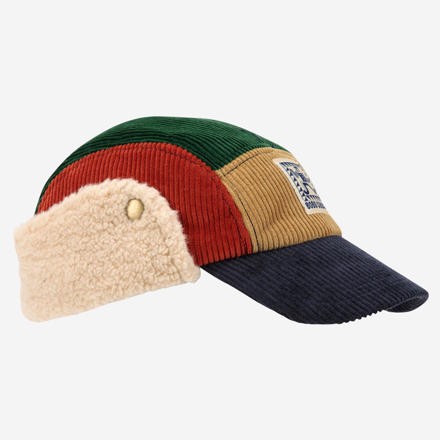 Multicolored cap with fleece lining on a white background