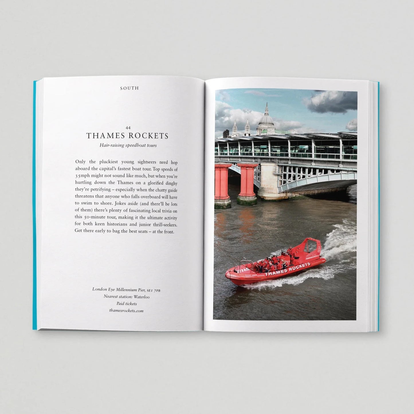 Open book with a photograph of a red Thames Rockets boat on the River Thames.